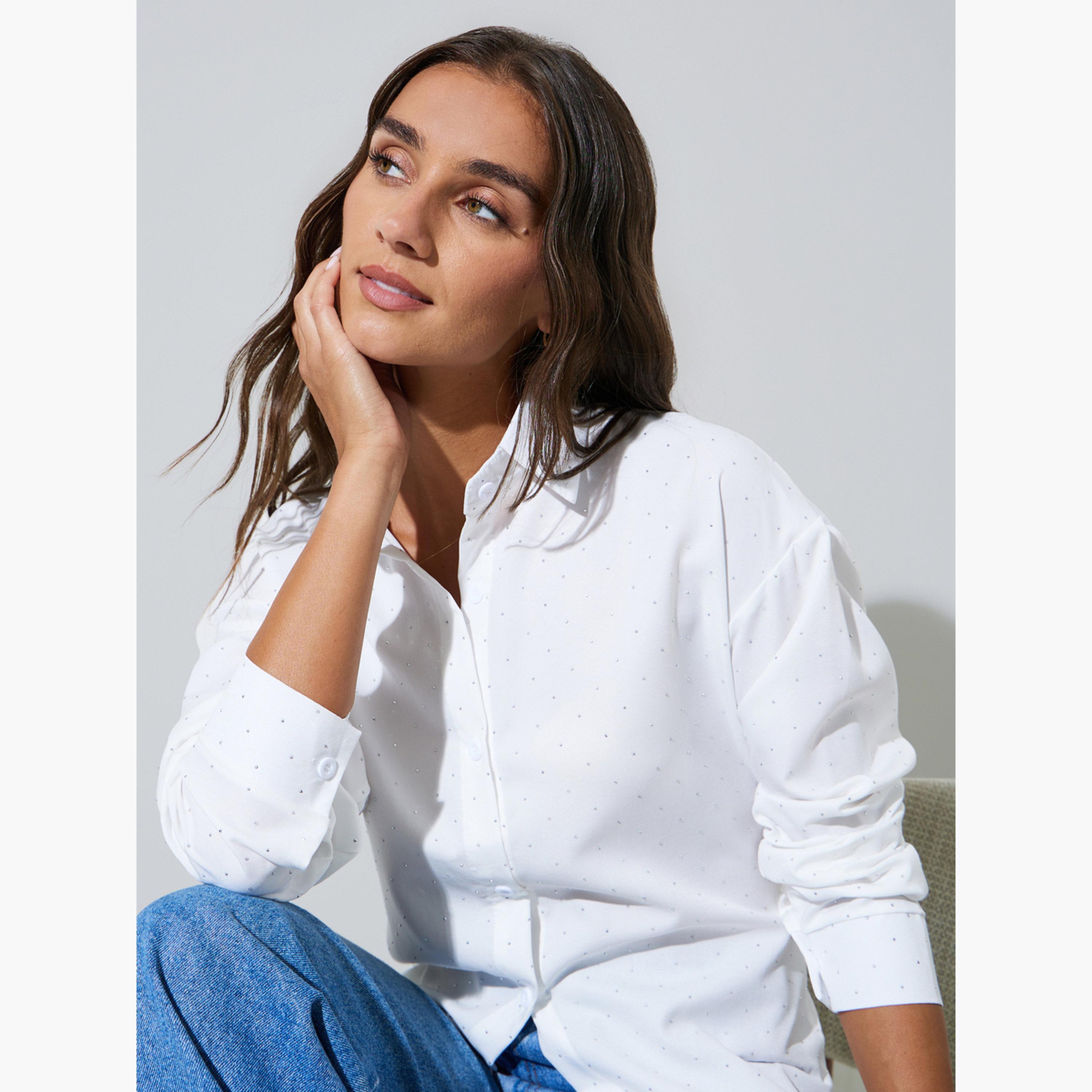 قميص واسع بأكمام طويلة وتفاصيل مزينة لون أبيض-women-clothing-shirtsandblouses-shirts-image-3