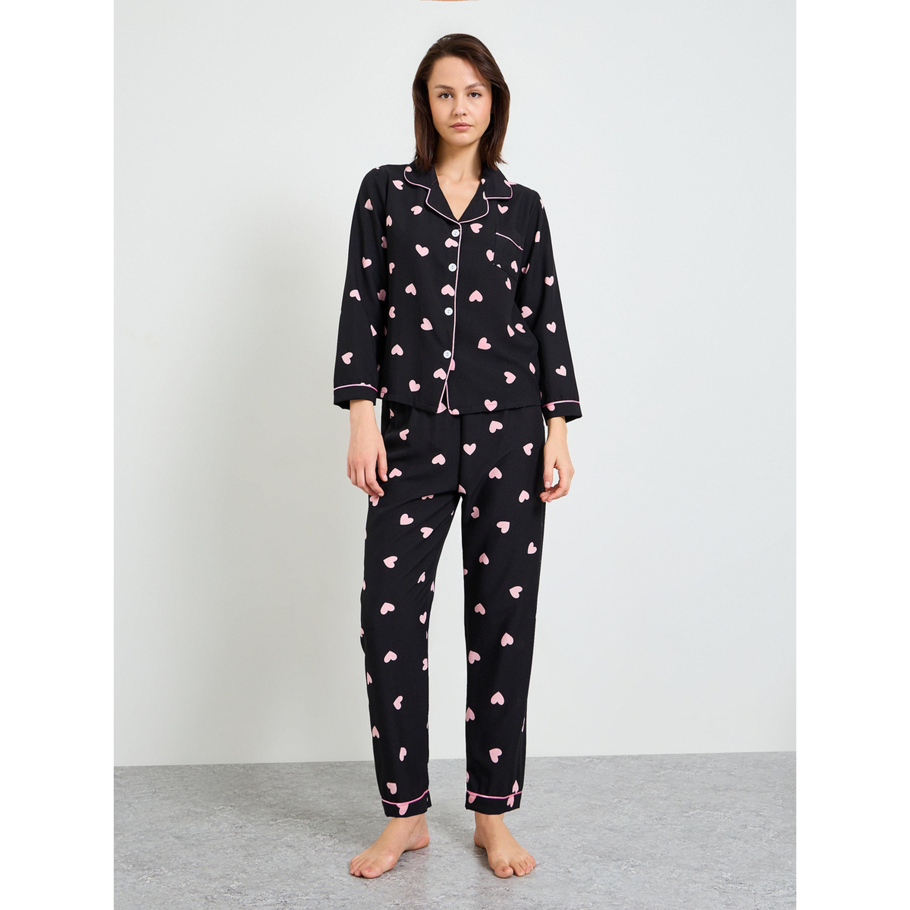 Take Two Black Heart Print Long Sleeve Shirt and Pajama Set-women-clothing-nightwear-pyjamas-longsets-image-1