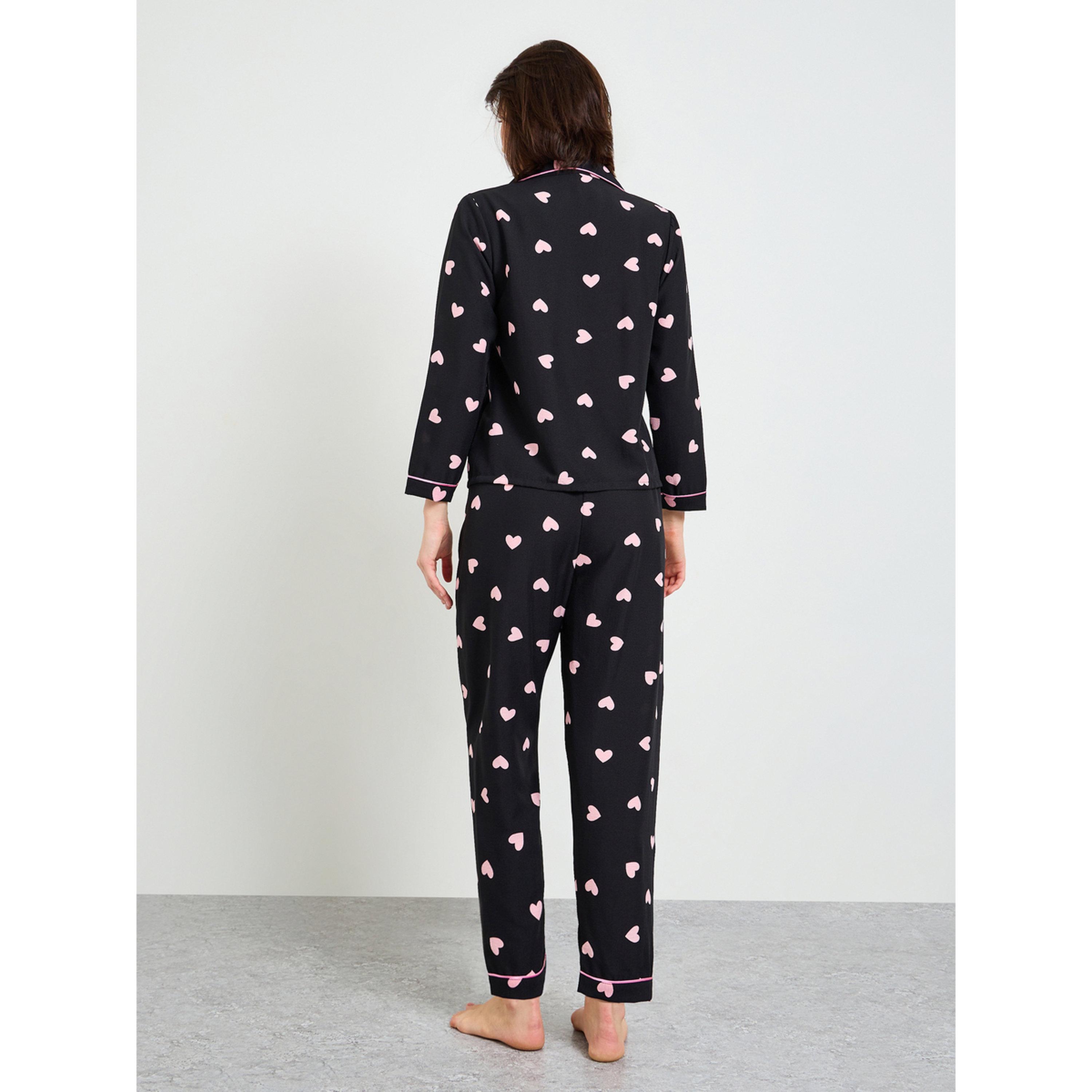 Take Two Black Heart Print Long Sleeve Shirt and Pajama Set-women-clothing-nightwear-pyjamas-longsets-image-2