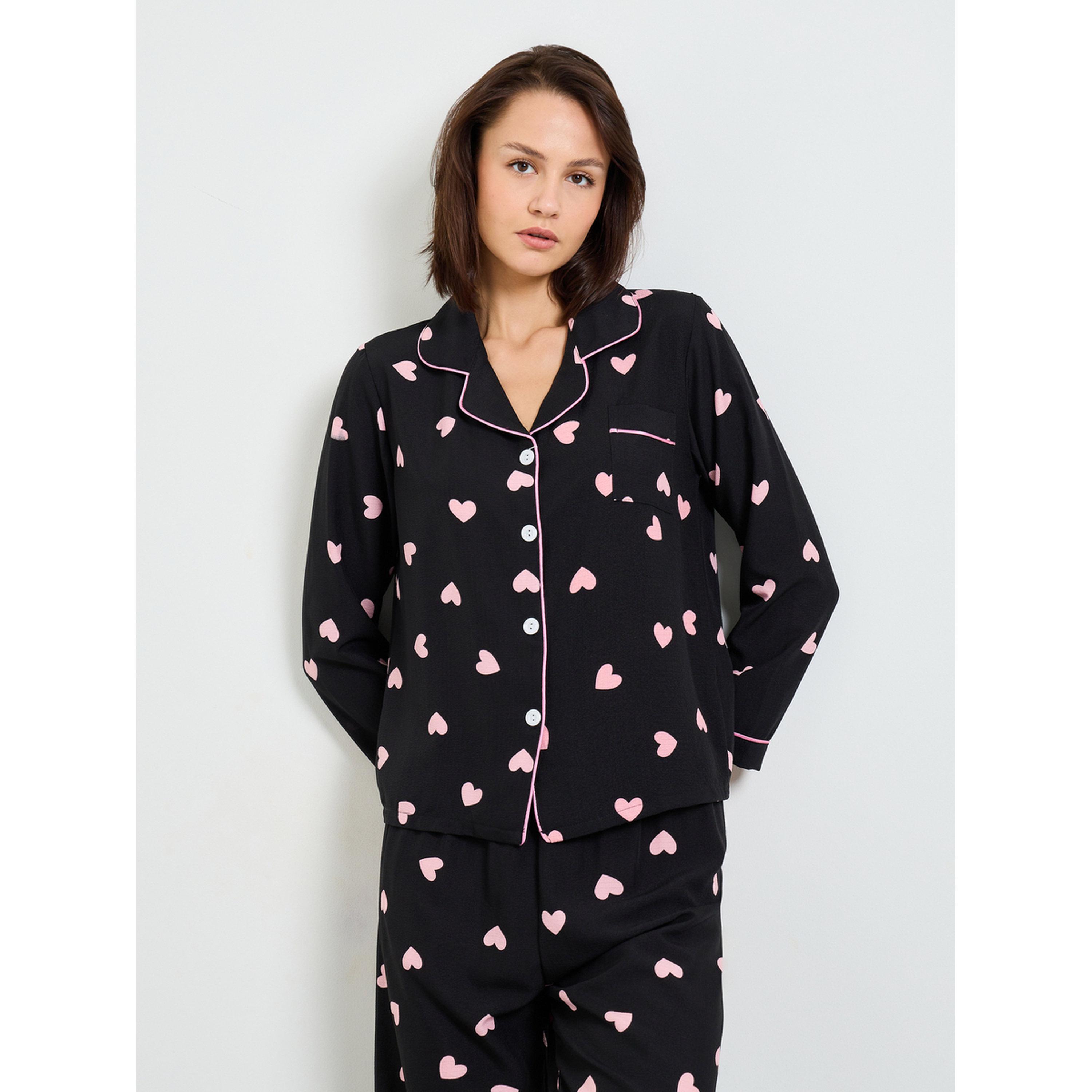 Take Two Black Heart Print Long Sleeve Shirt and Pajama Set-women-clothing-nightwear-pyjamas-longsets-image-3