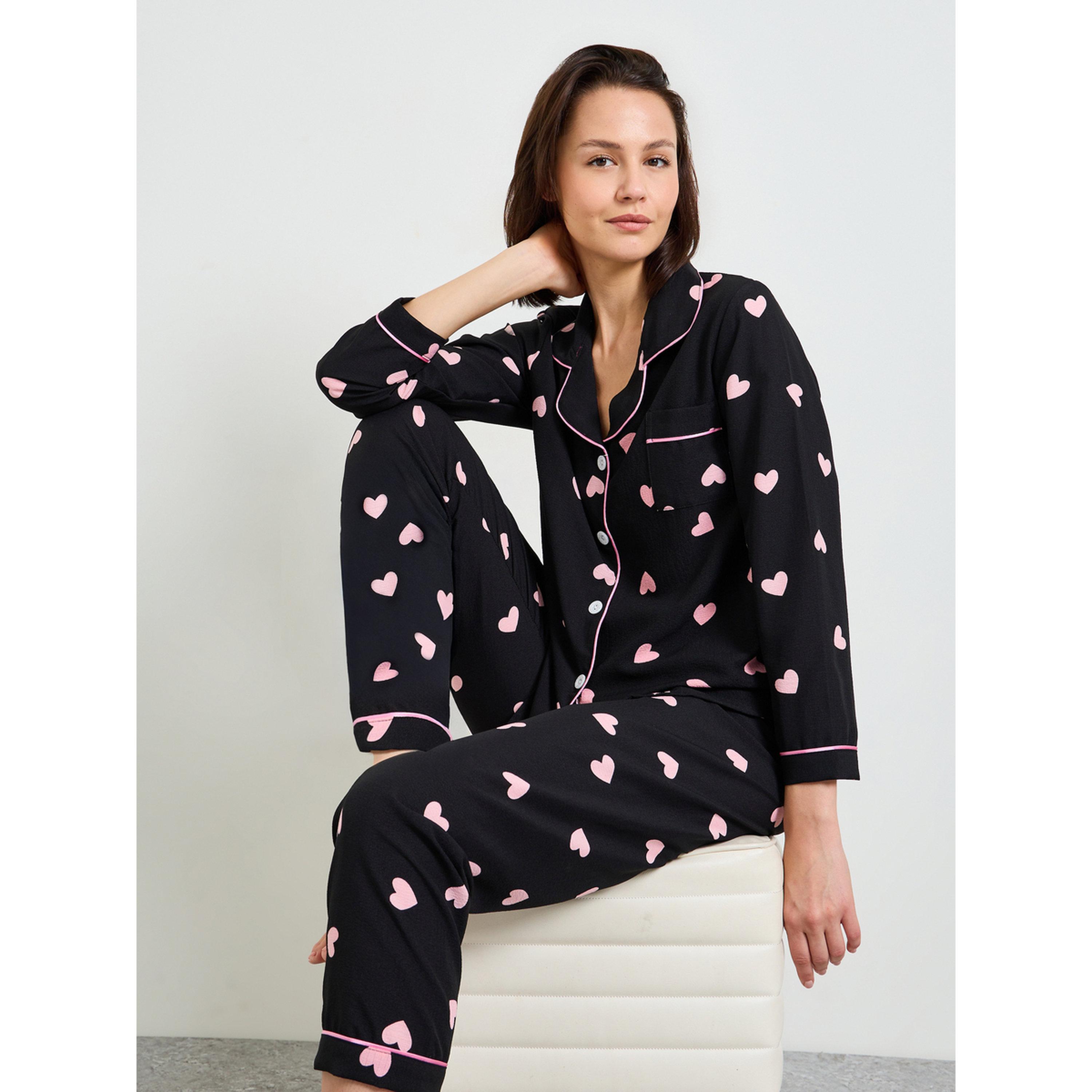 Take Two Black Heart Print Long Sleeve Shirt and Pajama Set-women-clothing-nightwear-pyjamas-longsets-image-4