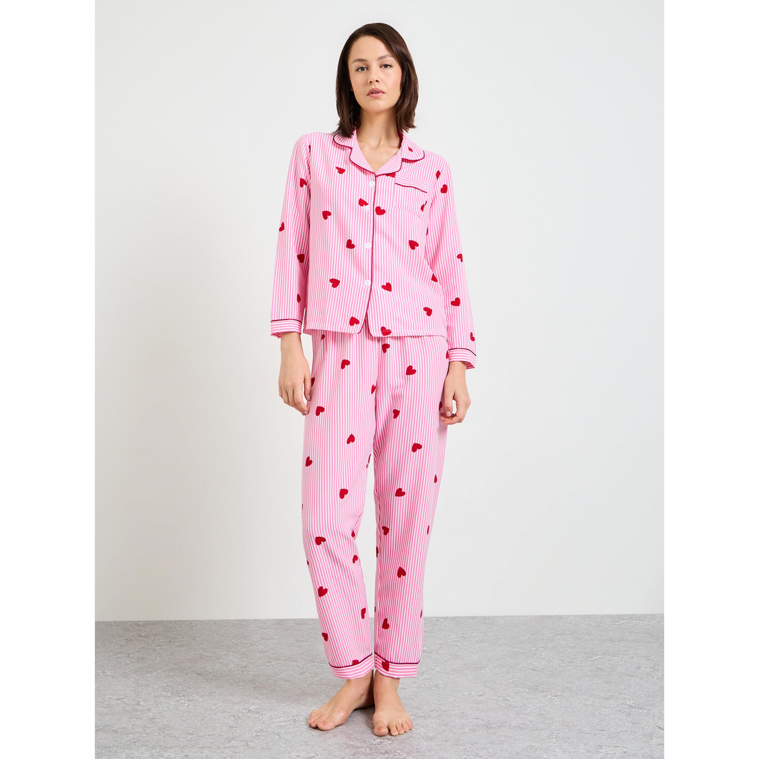 Take Two Pink Striped Heart Print Long Sleeve Pajama Set-women-clothing-nightwear-pyjamas-longsets-image-1
