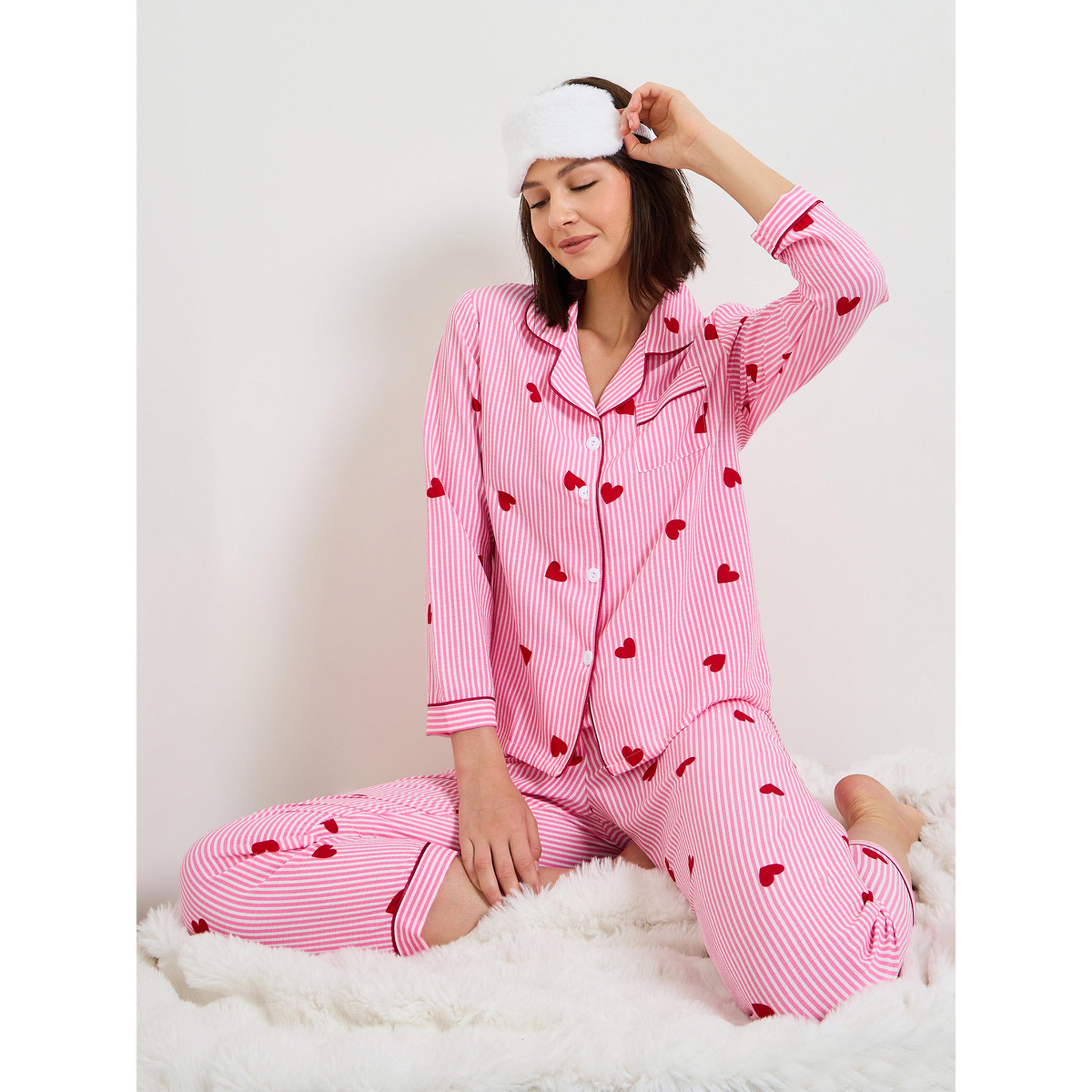Take Two Pink Striped Heart Print Long Sleeve Pajama Set-women-clothing-nightwear-pyjamas-longsets-image-2