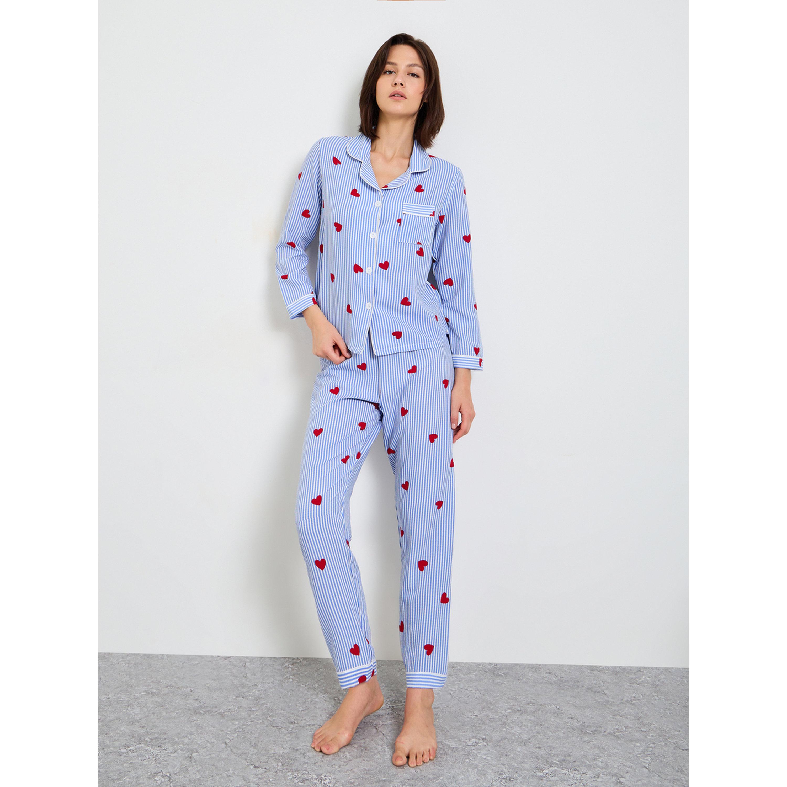 Take Two Blue Striped Heart Print Long Sleeve Pajama Set-women-clothing-nightwear-pyjamas-longsets-image-1
