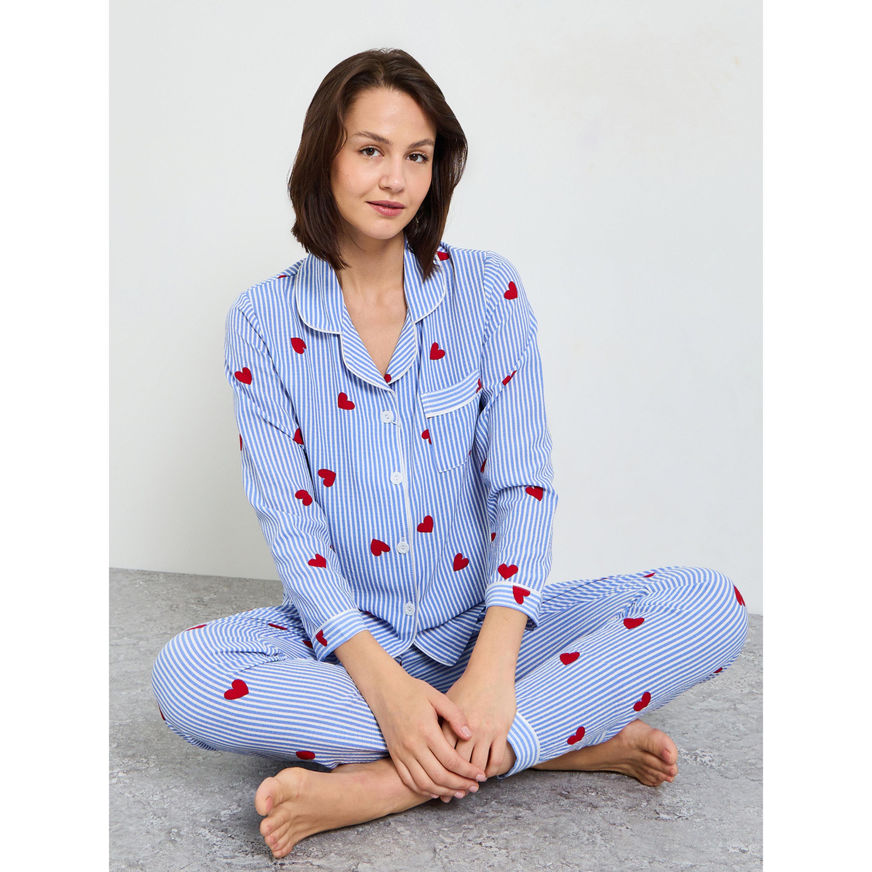 Take Two Blue Striped Heart Print Long Sleeve Pajama Set-women-clothing-nightwear-pyjamas-longsets-image-4