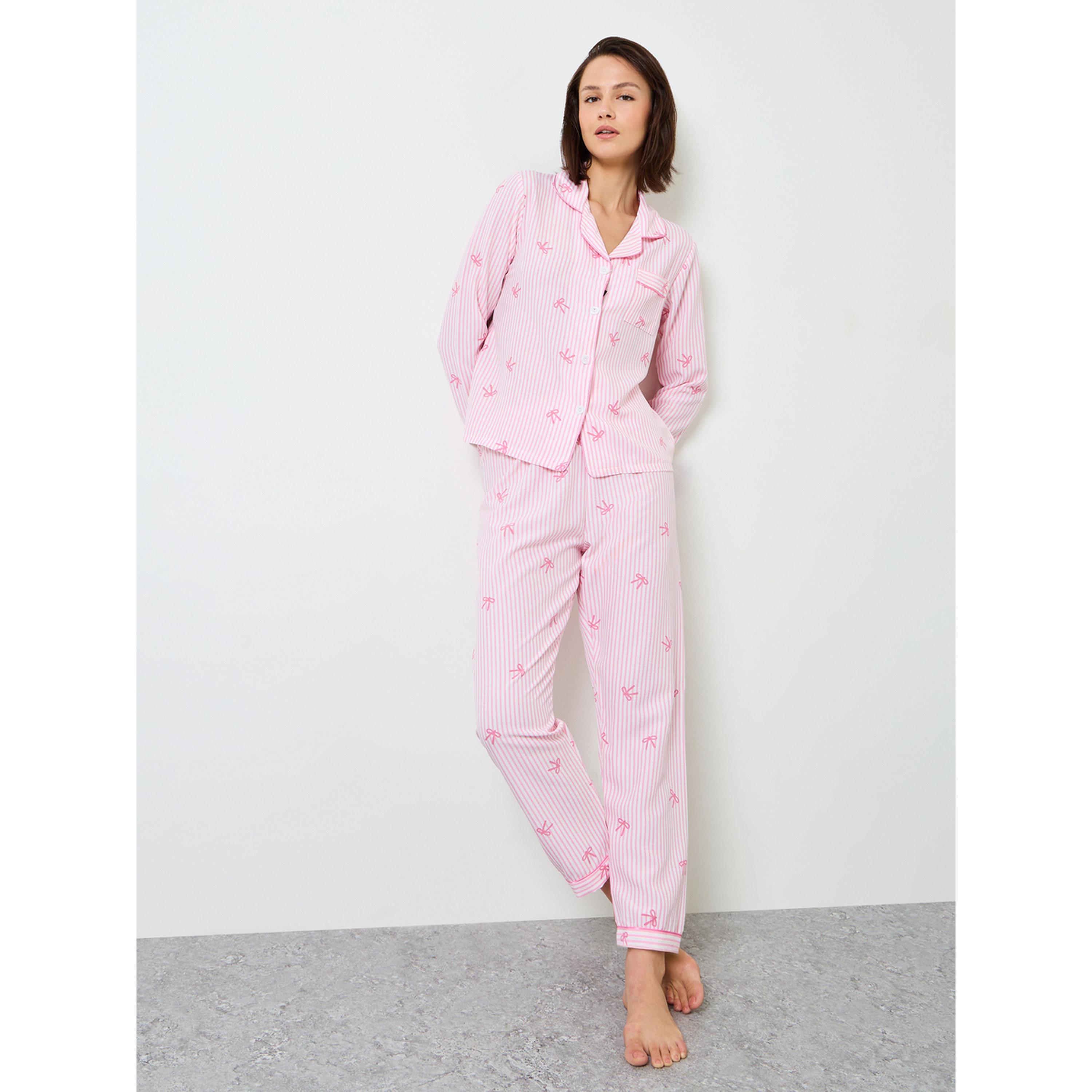 Take Two Pink Striped Bow Print Pajama Set with Long Sleeve and Straight Leg-women-clothing-nightwear-pyjamas-longsets-image-1