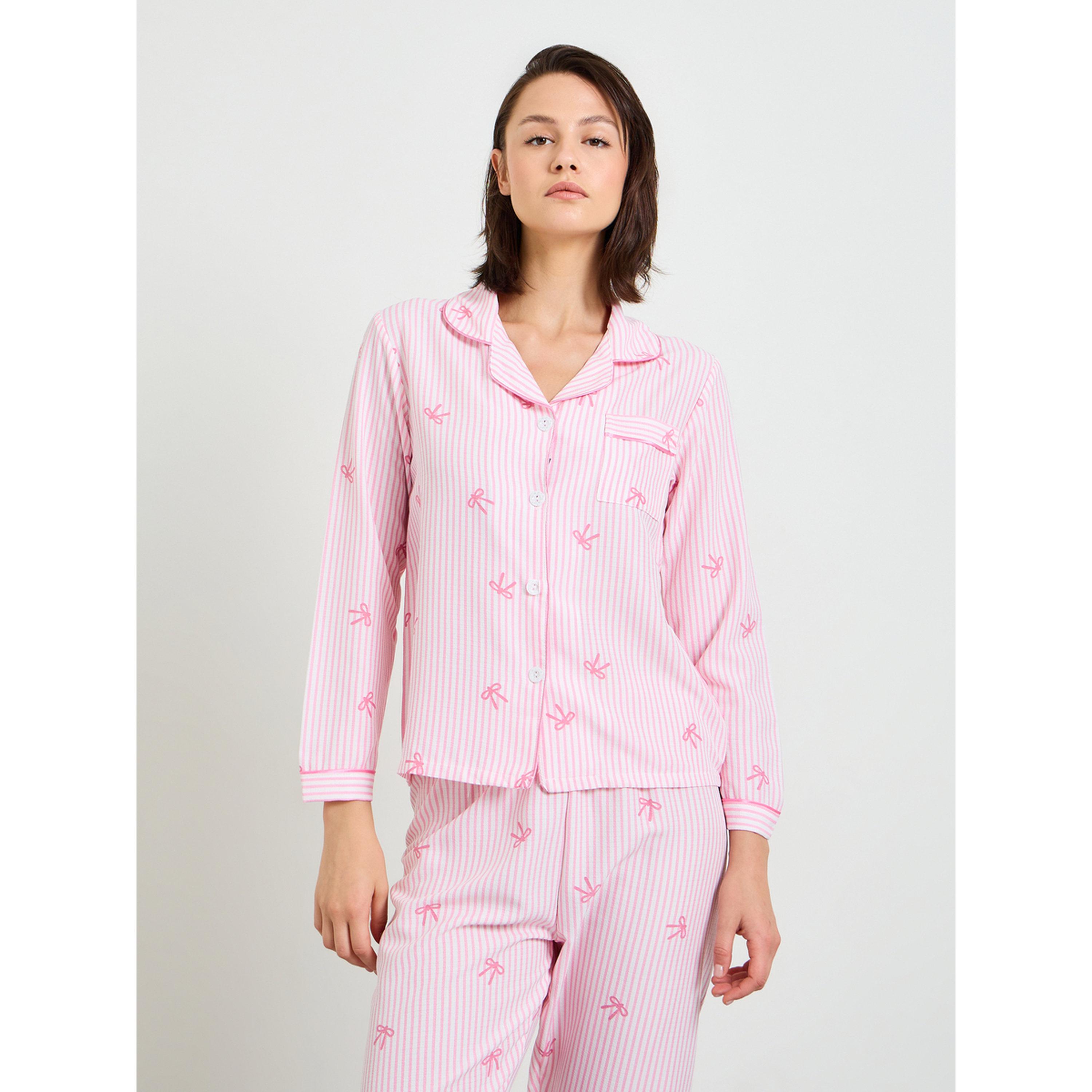Take Two Pink Striped Bow Print Pajama Set with Long Sleeve and Straight Leg-women-clothing-nightwear-pyjamas-longsets-image-2