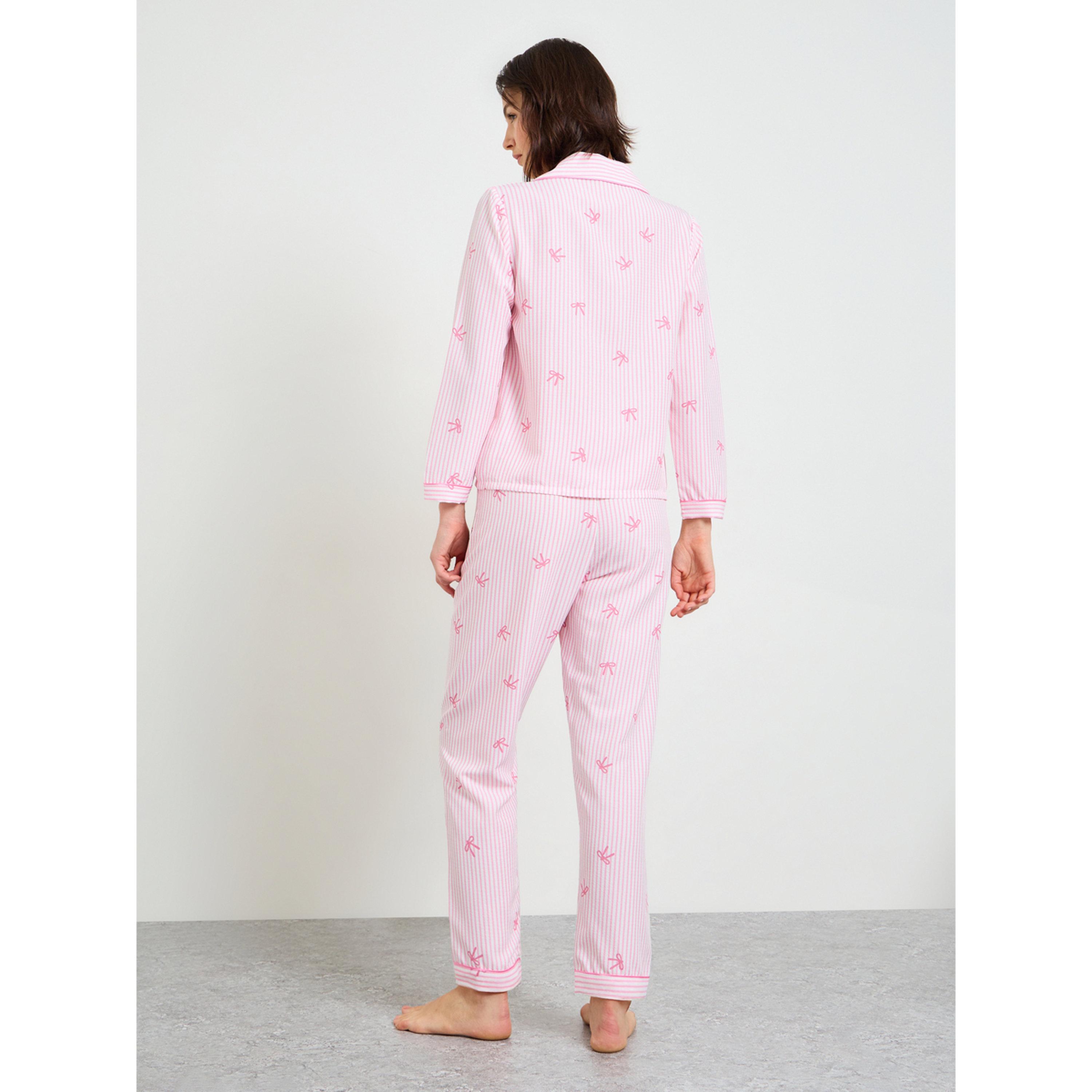 Take Two Pink Striped Bow Print Pajama Set with Long Sleeve and Straight Leg-women-clothing-nightwear-pyjamas-longsets-image-3