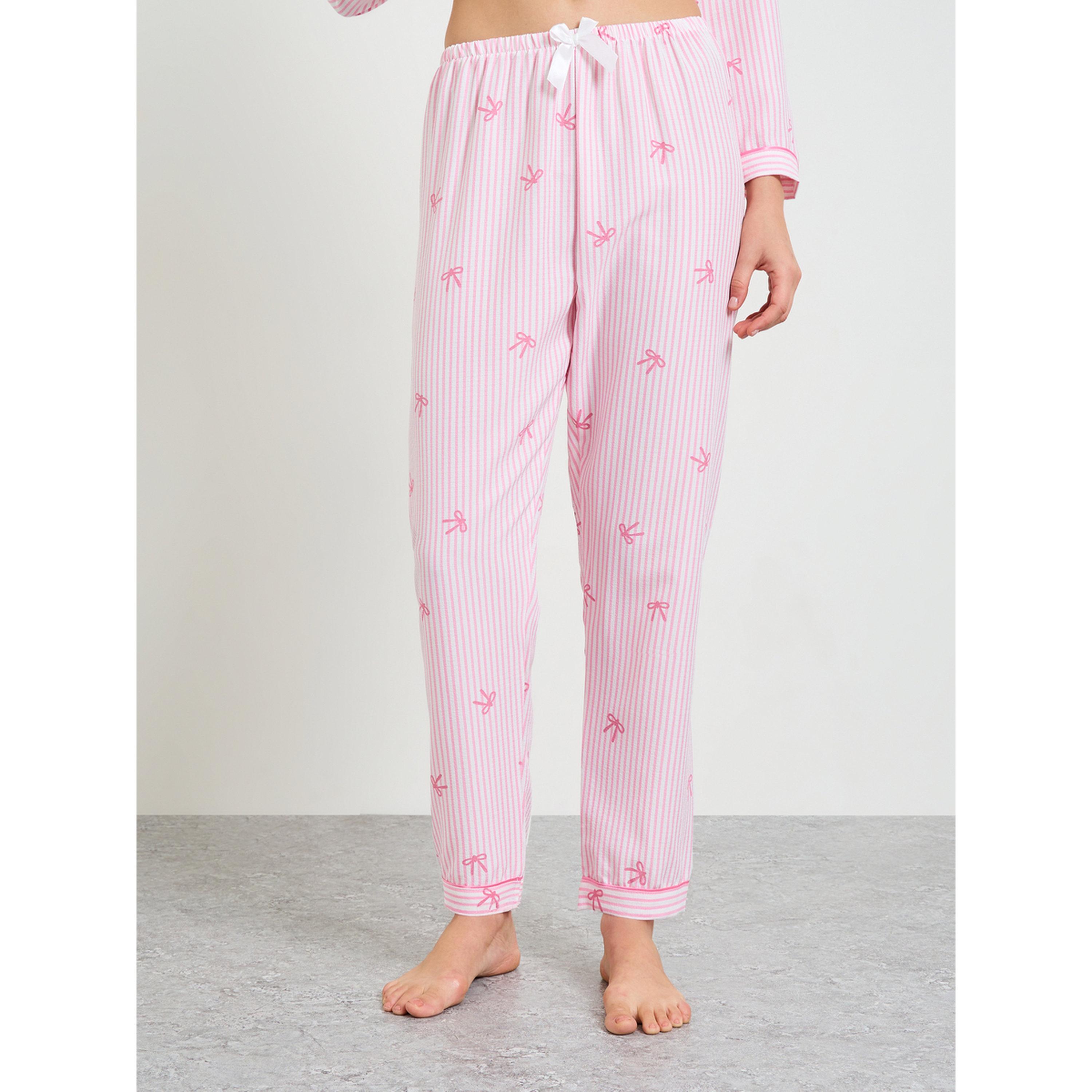 Take Two Pink Striped Bow Print Pajama Set with Long Sleeve and Straight Leg-women-clothing-nightwear-pyjamas-longsets-image-4