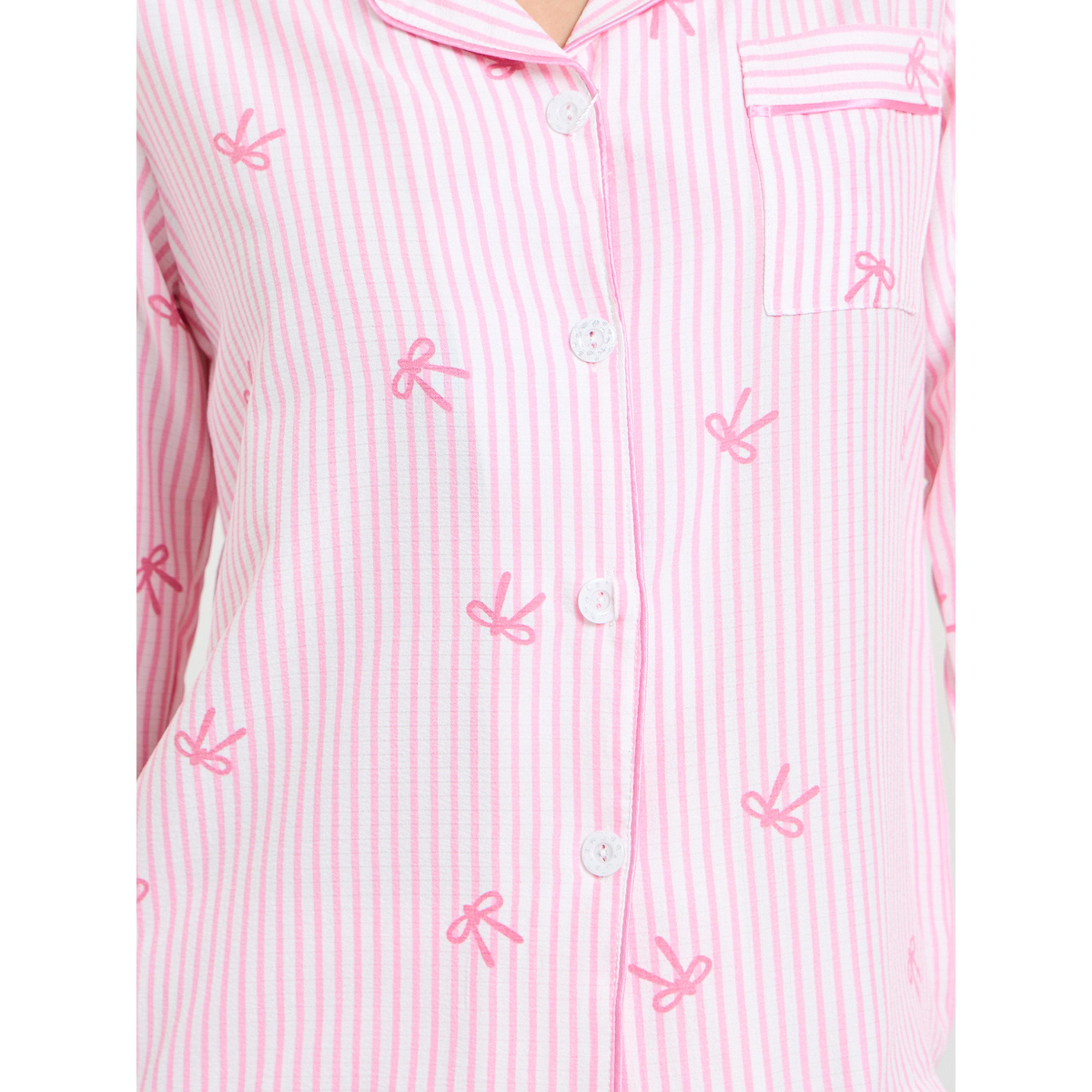 Take Two Pink Striped Bow Print Pajama Set with Long Sleeve and Straight Leg-women-clothing-nightwear-pyjamas-longsets-image-5