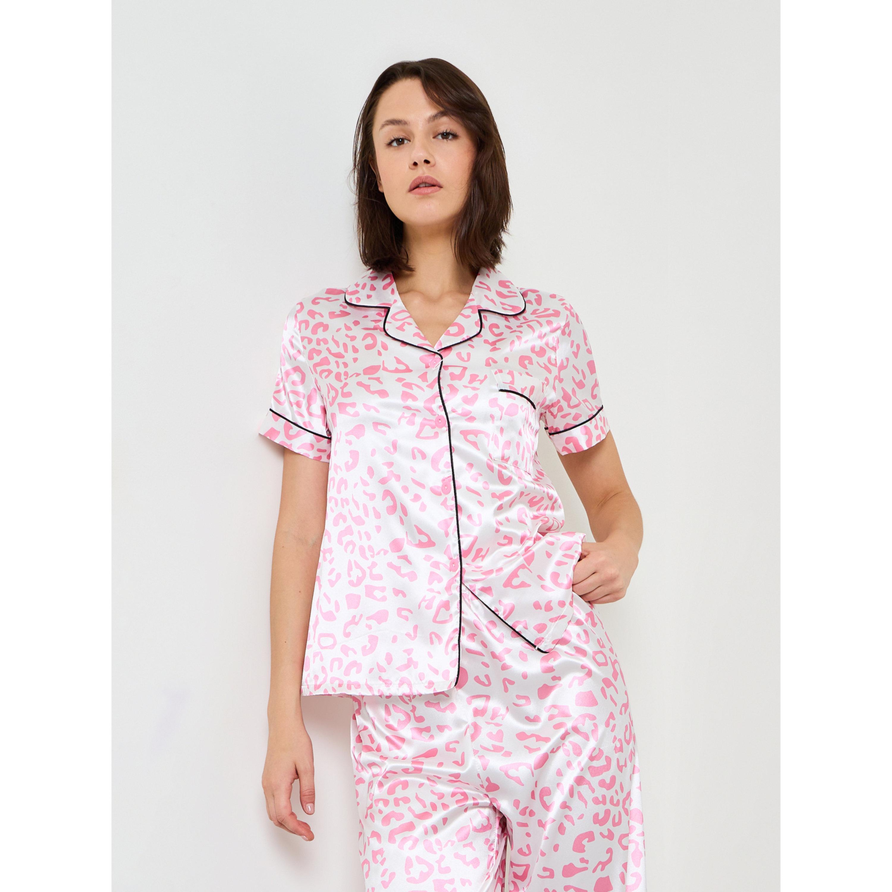 Take Two Pink Leopard Print Satin Pajama Set with Short Sleeve Shirt and Straight Pyjama-women-clothing-nightwear-pyjamas-longsets-image-2