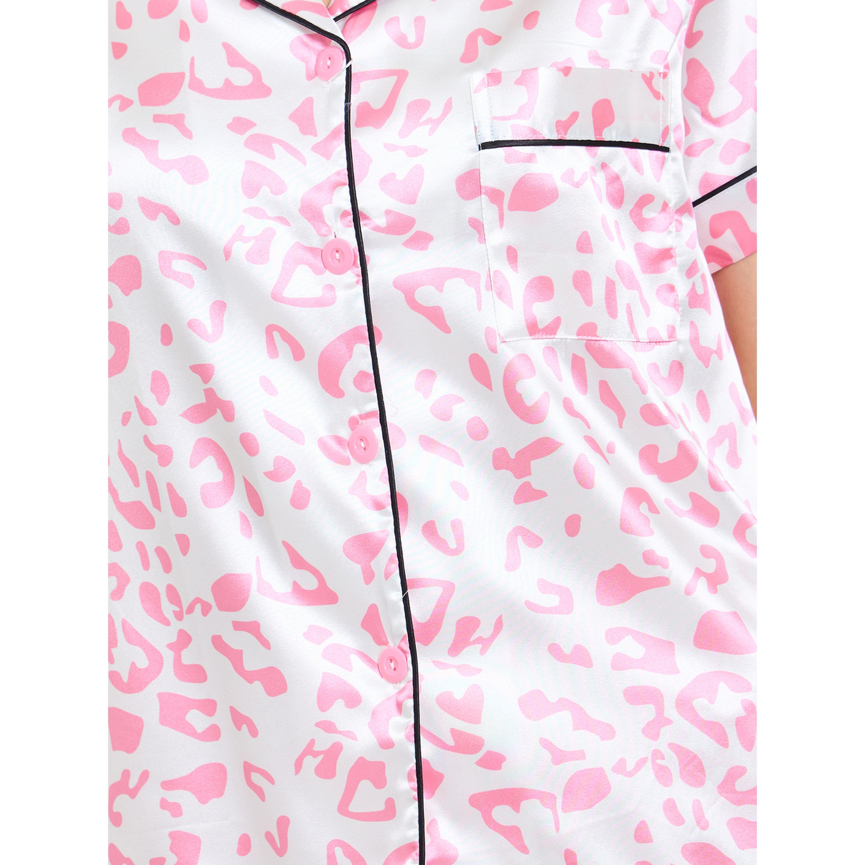 Take Two Pink Leopard Print Satin Pajama Set with Short Sleeve Shirt and Straight Pyjama-women-clothing-nightwear-pyjamas-longsets-image-5