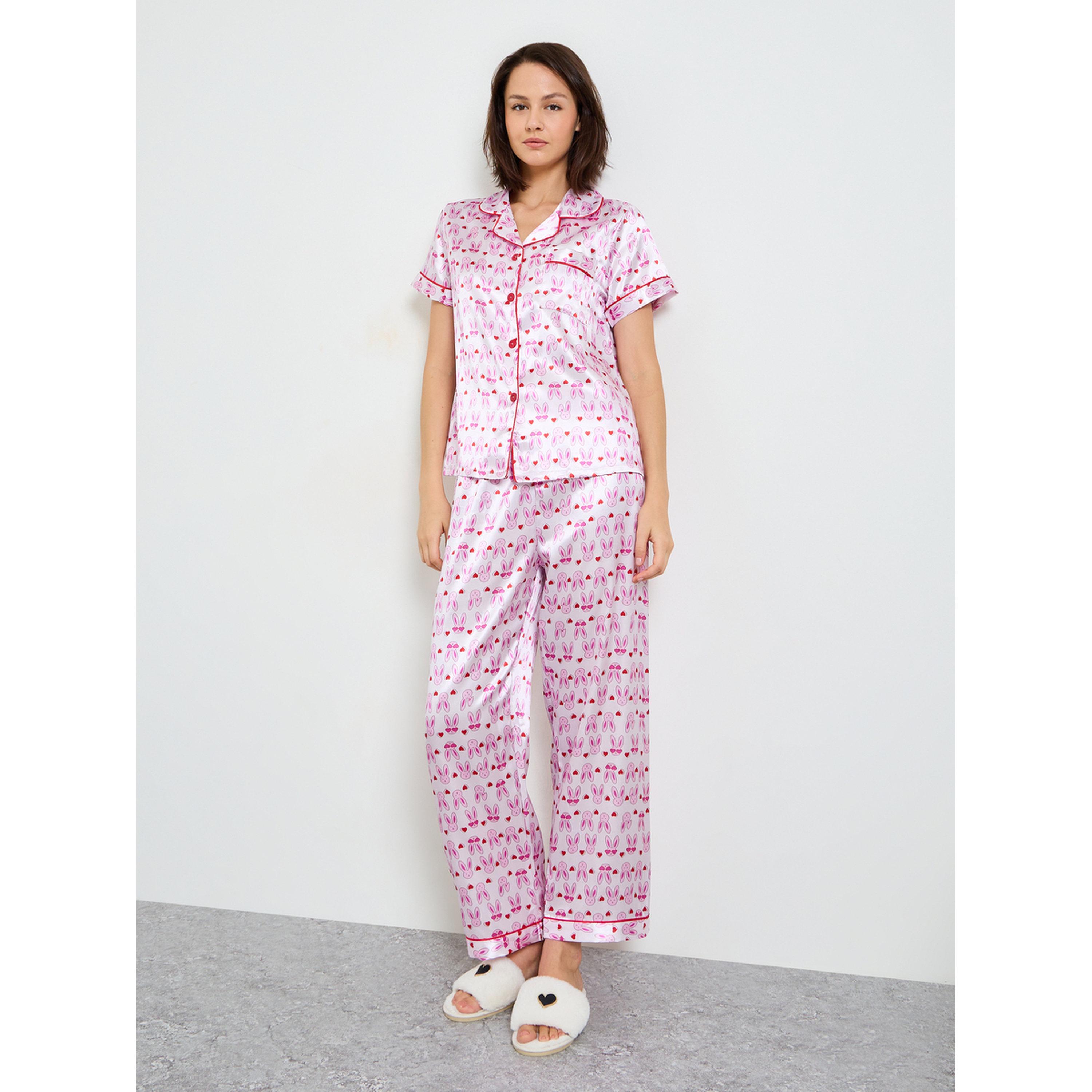 تيك تو - بيجاما من الساتان بطبعة أرنب وردي بأكمام قصيرة وبنطال مستقيم-women-clothing-nightwear-pyjamas-longsets-image-1
