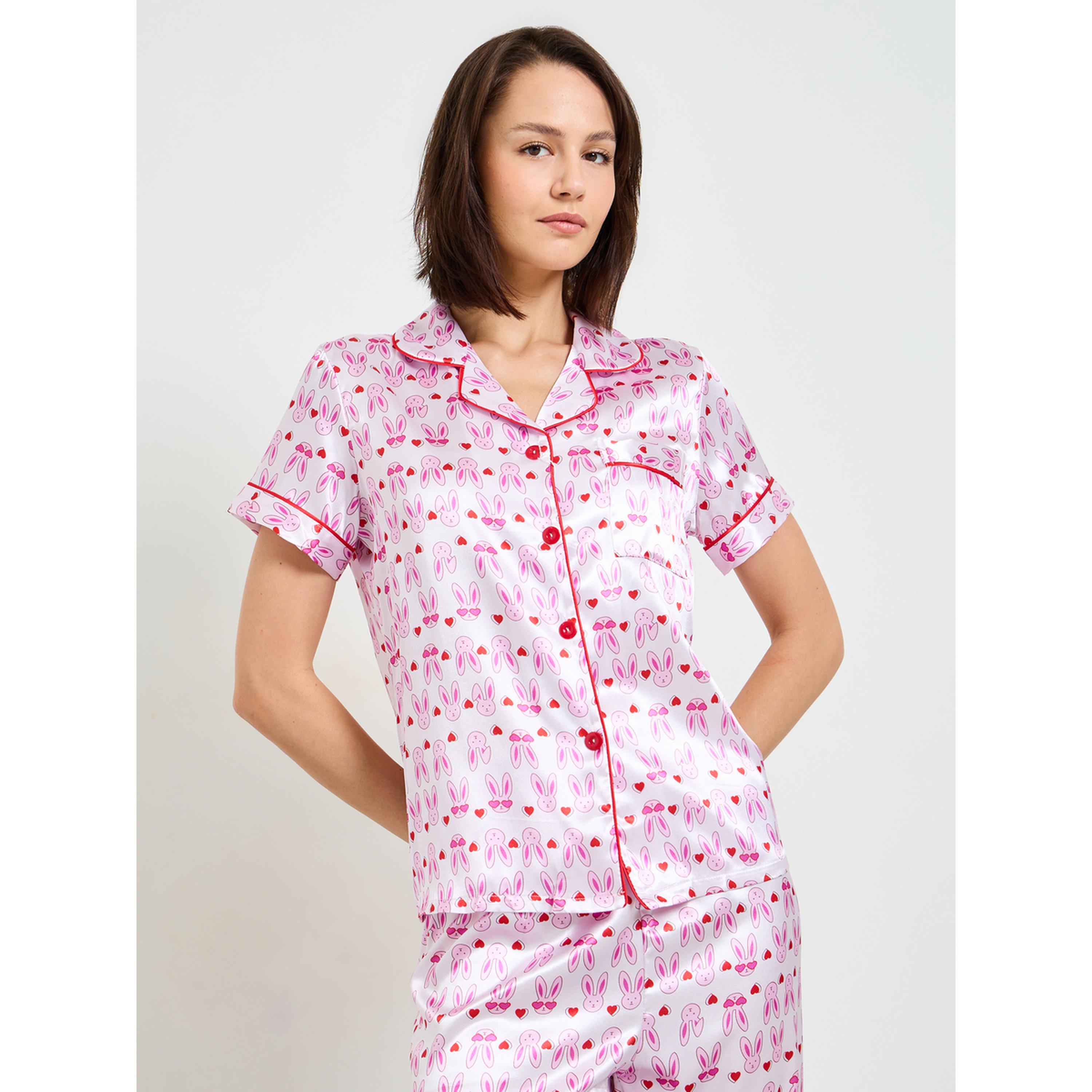 تيك تو - بيجاما من الساتان بطبعة أرنب وردي بأكمام قصيرة وبنطال مستقيم-women-clothing-nightwear-pyjamas-longsets-image-2