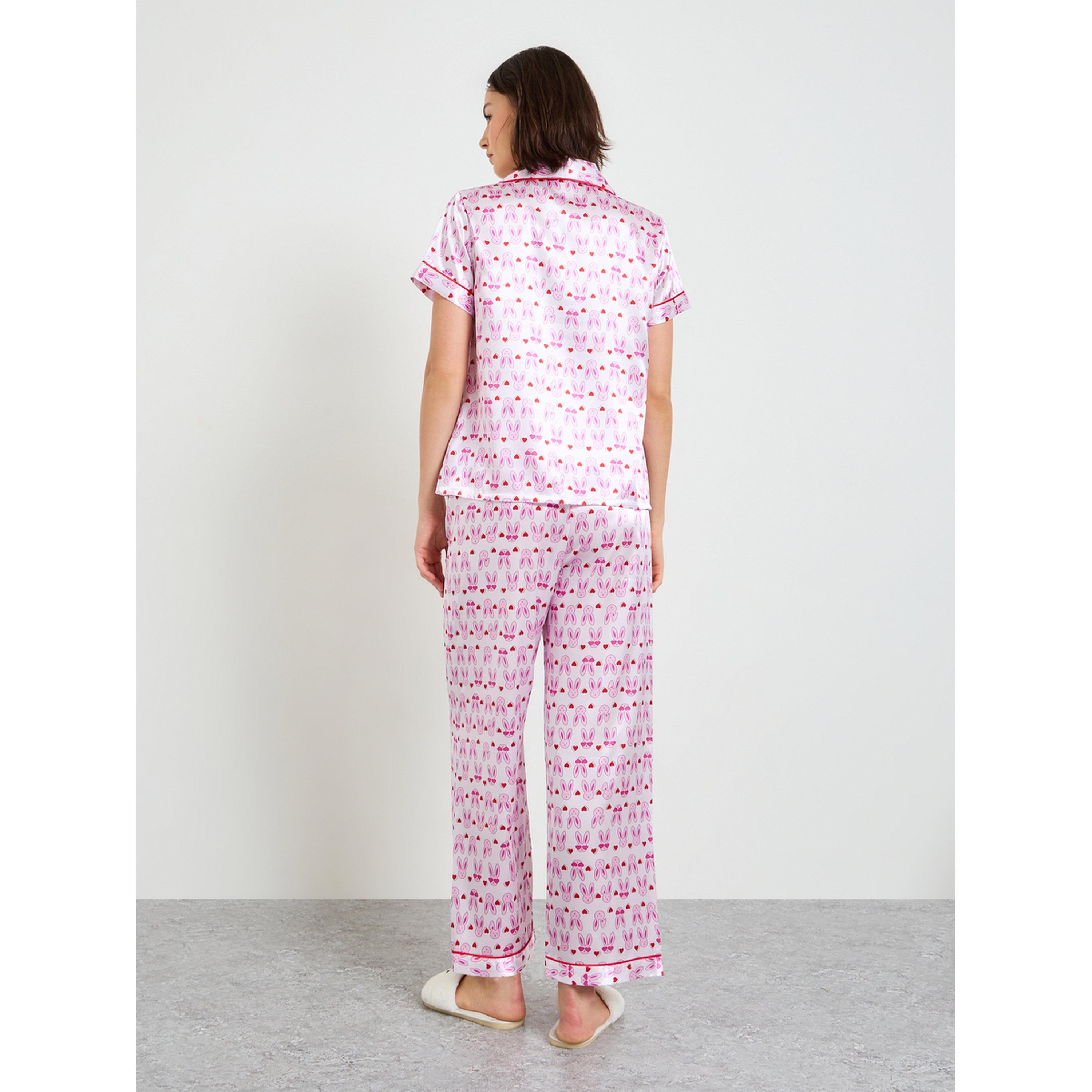 تيك تو - بيجاما من الساتان بطبعة أرنب وردي بأكمام قصيرة وبنطال مستقيم-women-clothing-nightwear-pyjamas-longsets-image-3