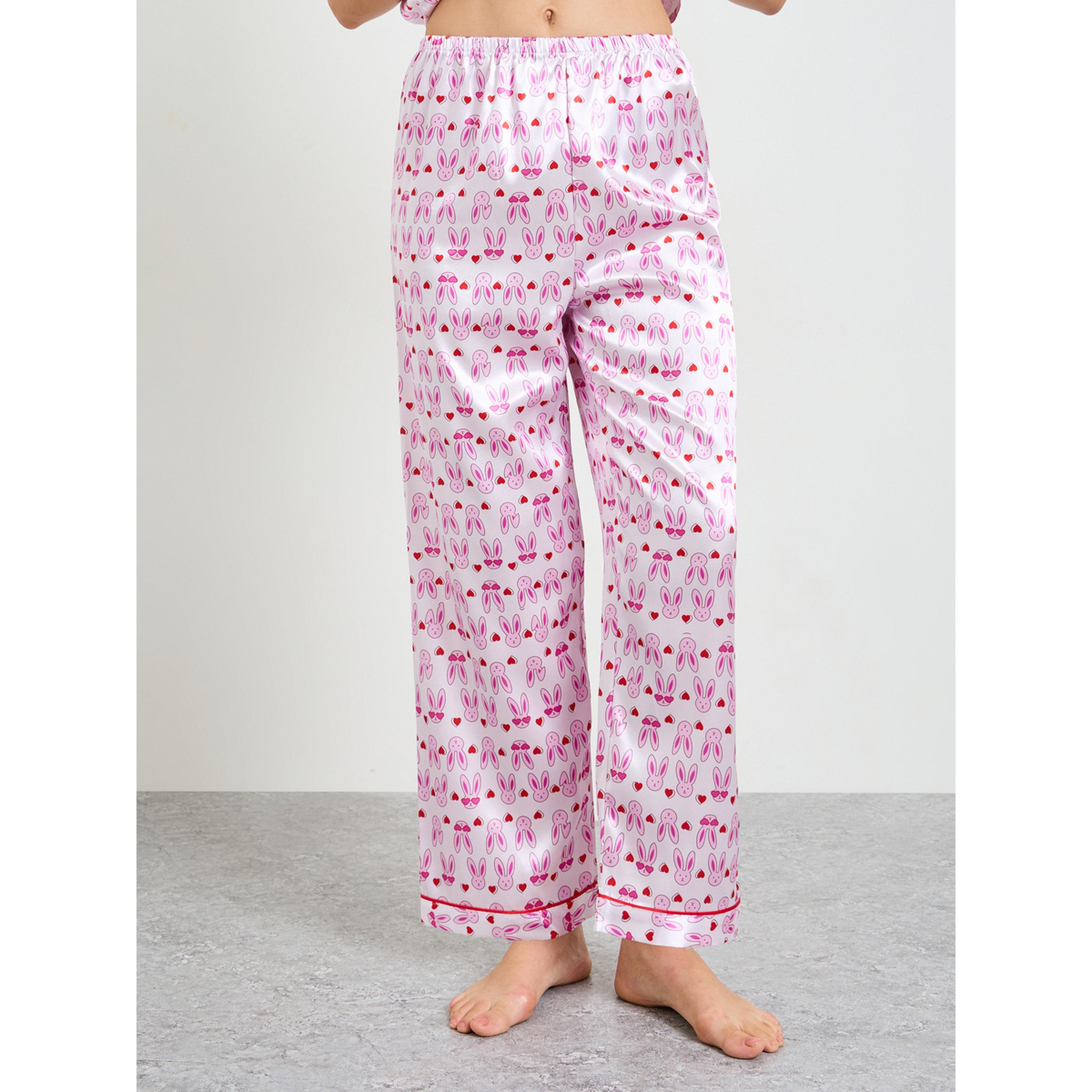 تيك تو - بيجاما من الساتان بطبعة أرنب وردي بأكمام قصيرة وبنطال مستقيم-women-clothing-nightwear-pyjamas-longsets-image-4