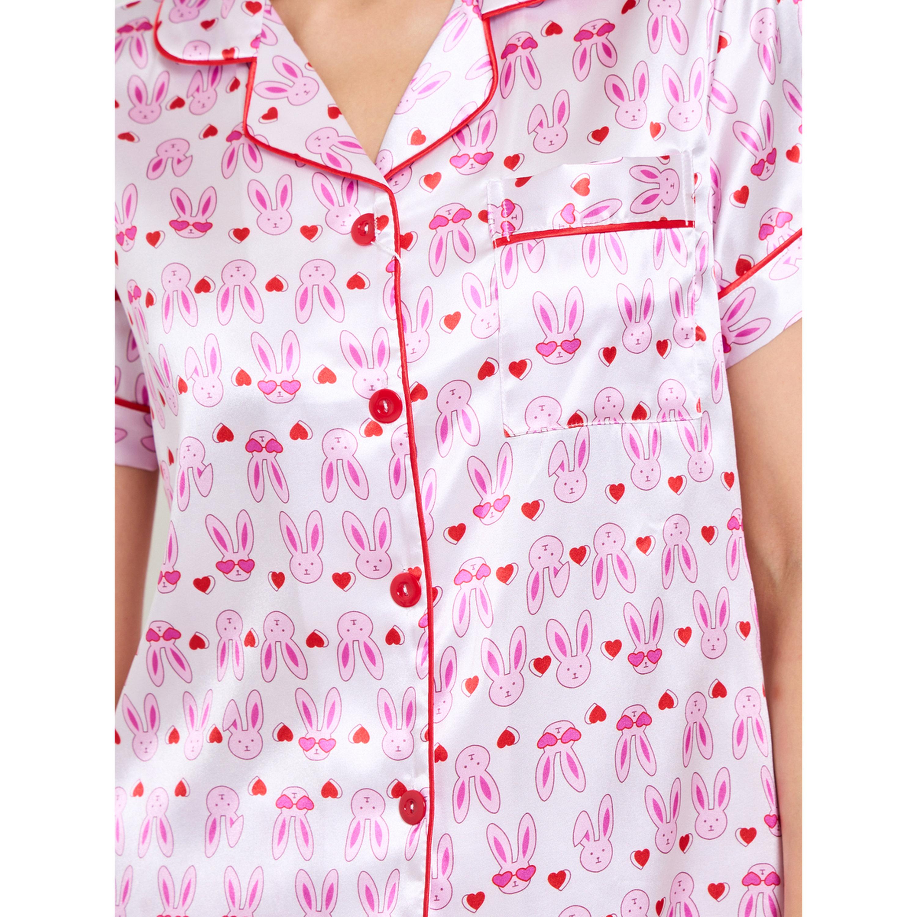تيك تو - بيجاما من الساتان بطبعة أرنب وردي بأكمام قصيرة وبنطال مستقيم-women-clothing-nightwear-pyjamas-longsets-image-5
