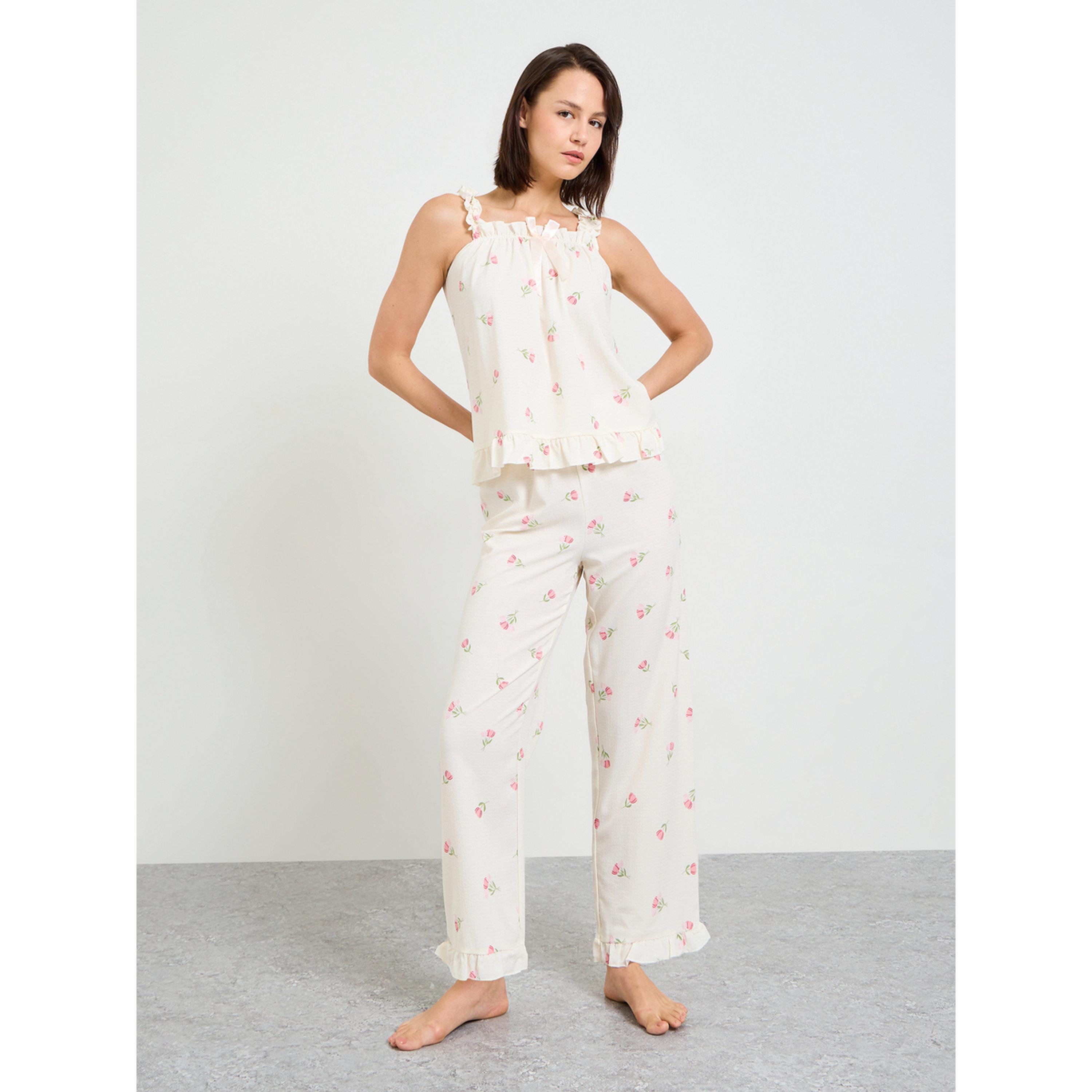 تيك تو - بيجاما مستقيم مع توب مورّد-women-clothing-nightwear-pyjamas-longsets-image-3