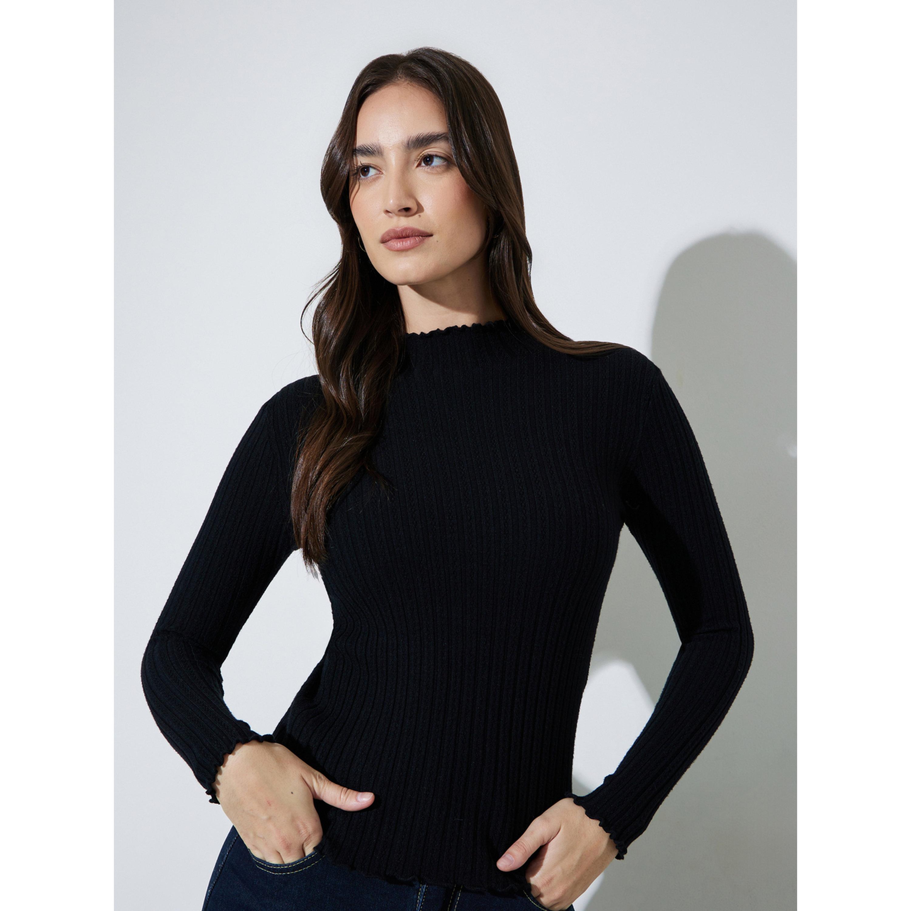 سويتر مضلع بياقة مرتفعة بلون سادة-women-winterwear-cardigansandjumpers-jumpers-image-1