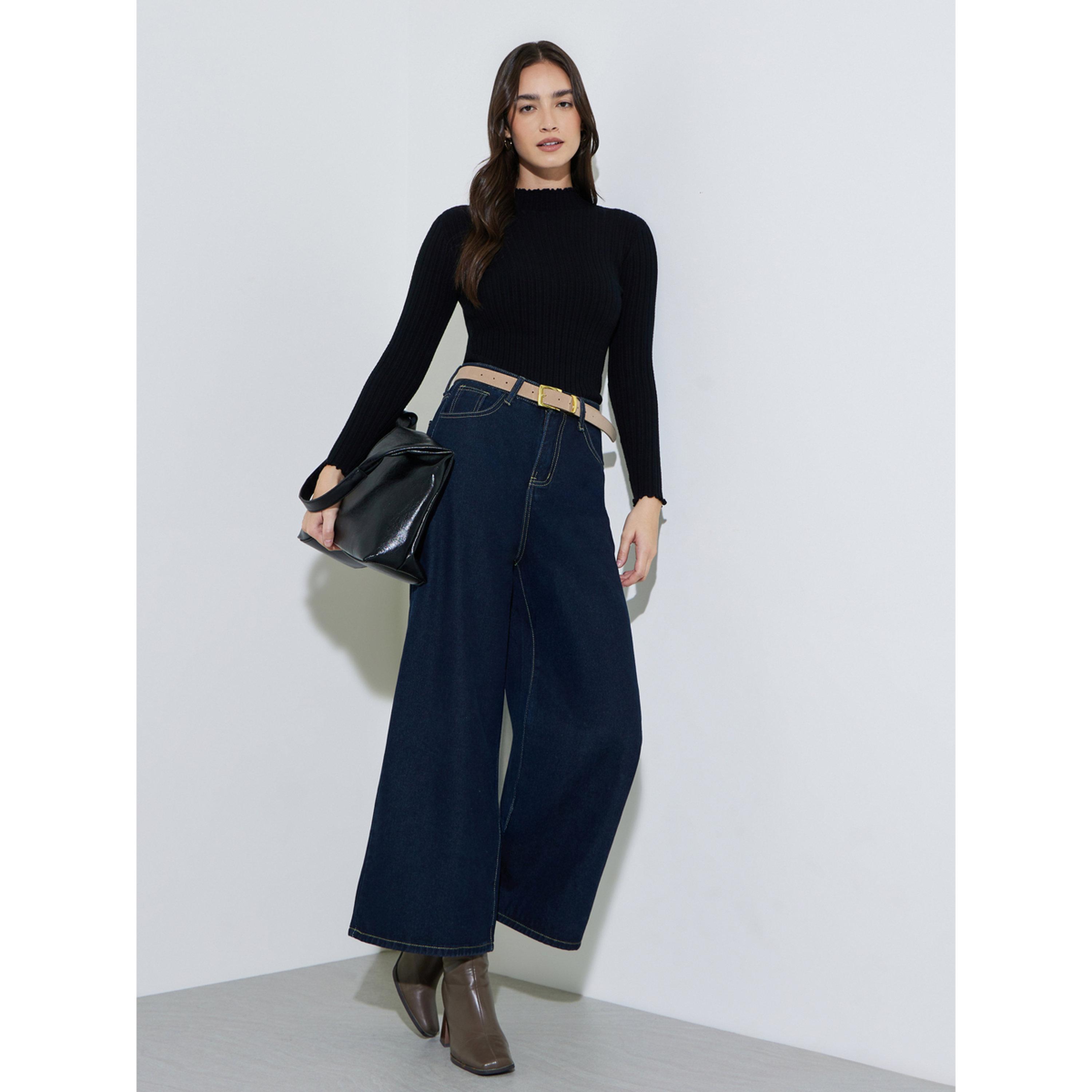 سويتر مضلع بياقة مرتفعة بلون سادة-women-winterwear-cardigansandjumpers-jumpers-image-2