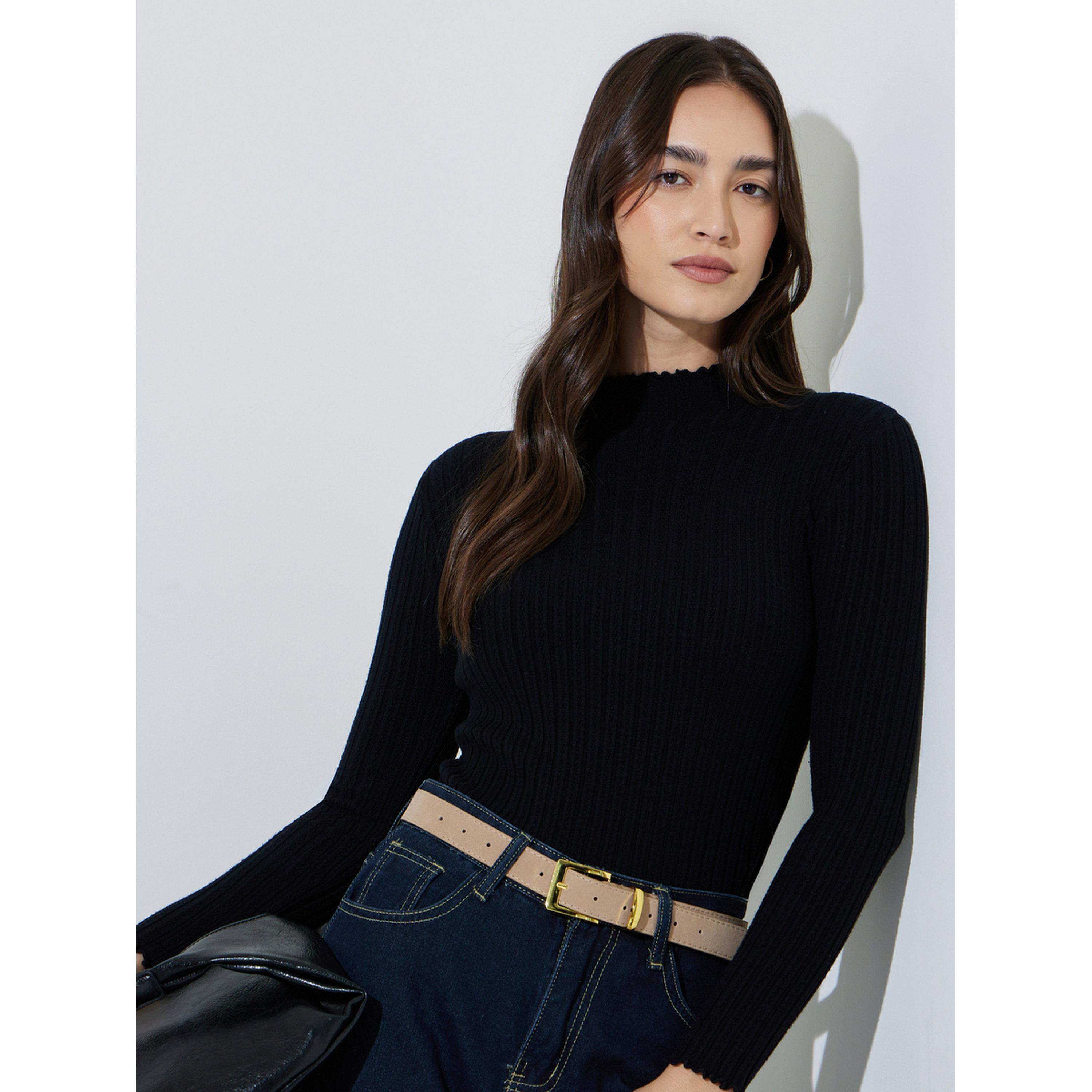 سويتر مضلع بياقة مرتفعة بلون سادة-women-winterwear-cardigansandjumpers-jumpers-image-4