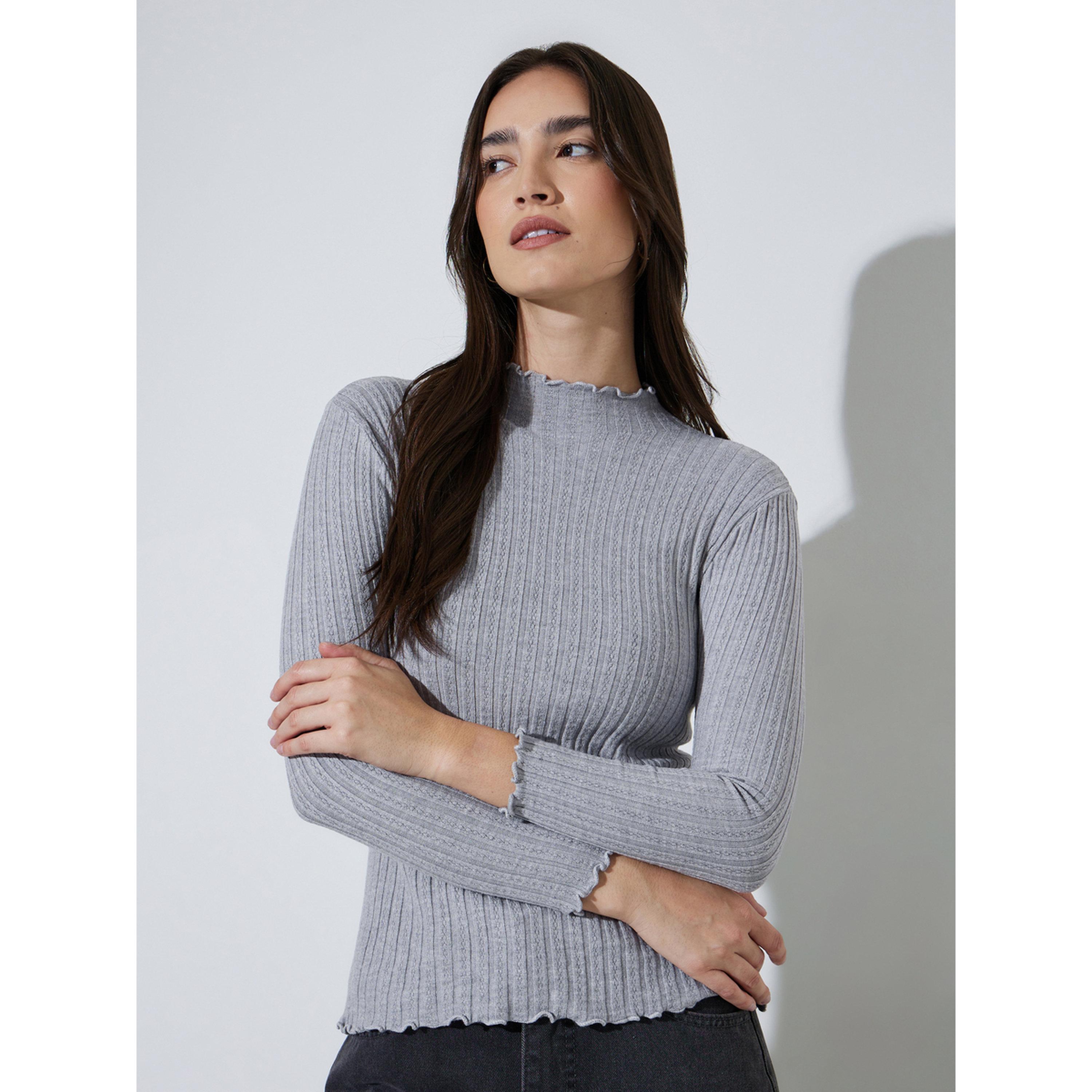 Styli Grey Solid High Neck Ribbed Sweater-women-winterwear-cardigansandjumpers-jumpers-image-1