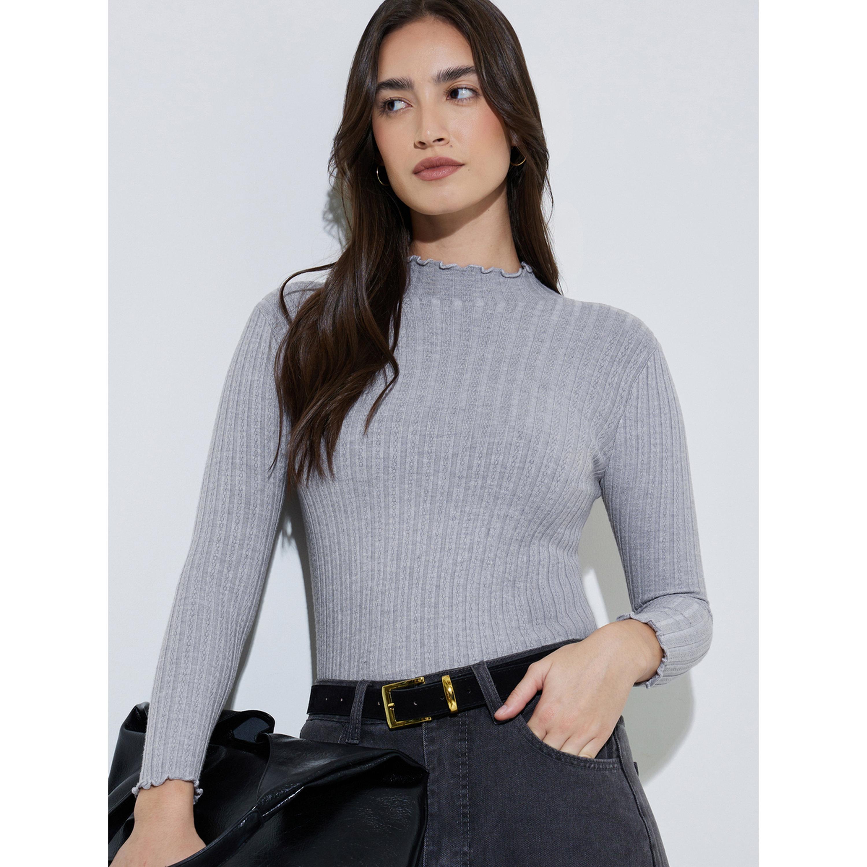 Styli Grey Solid High Neck Ribbed Sweater-women-winterwear-cardigansandjumpers-jumpers-image-6