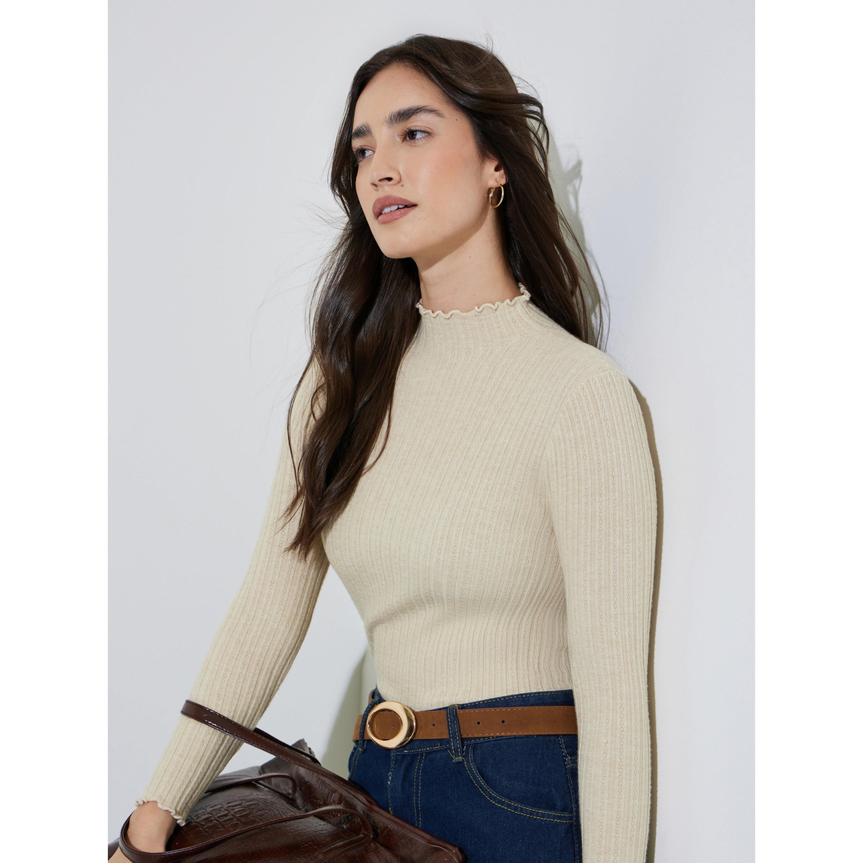 Styli Off White Solid High Neck Ribbed Sweater-women-winterwear-cardigansandjumpers-jumpers-image-4