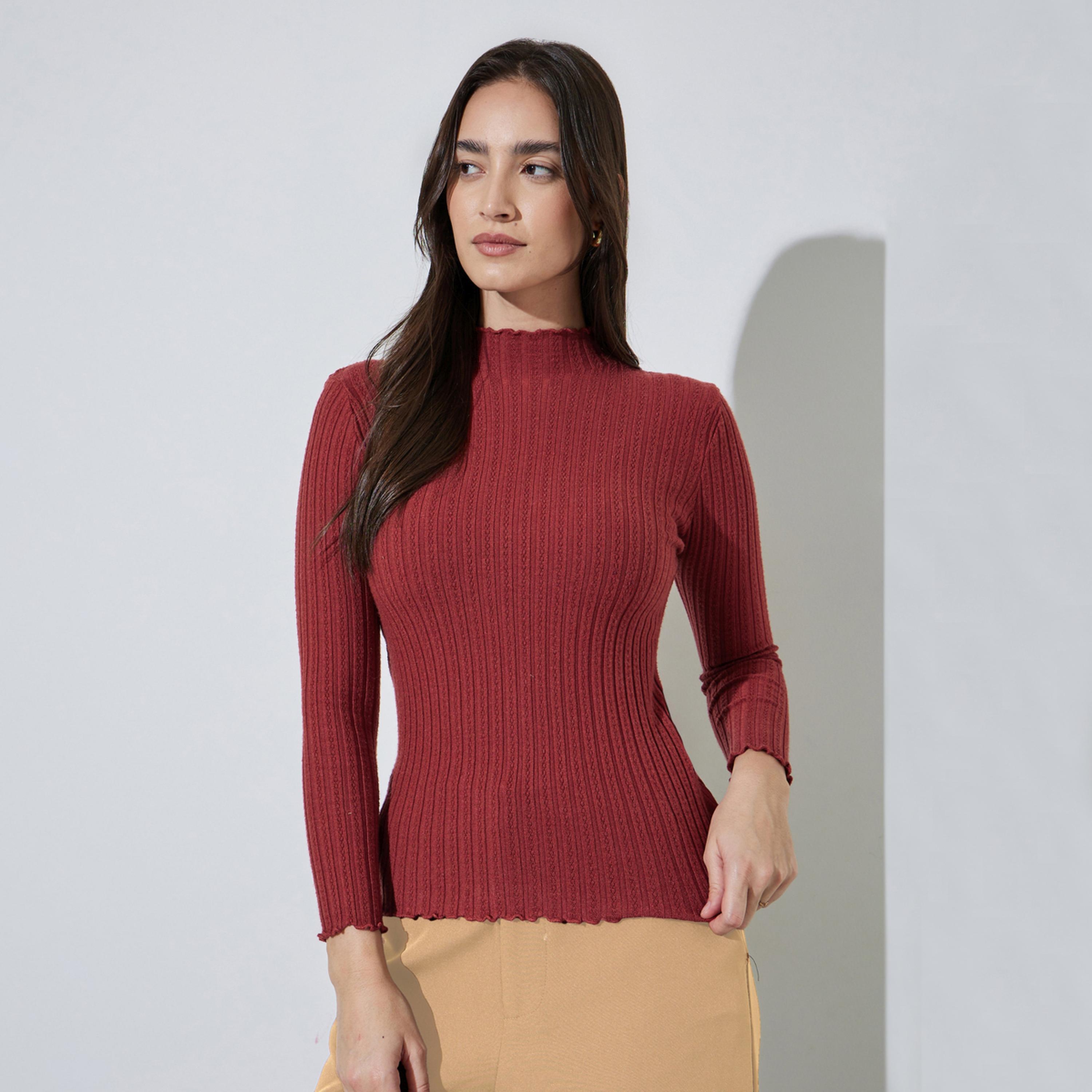 سويتر مضلع بياقة مرتفعة بلون سادة-women-winterwear-cardigansandjumpers-jumpers-image-1