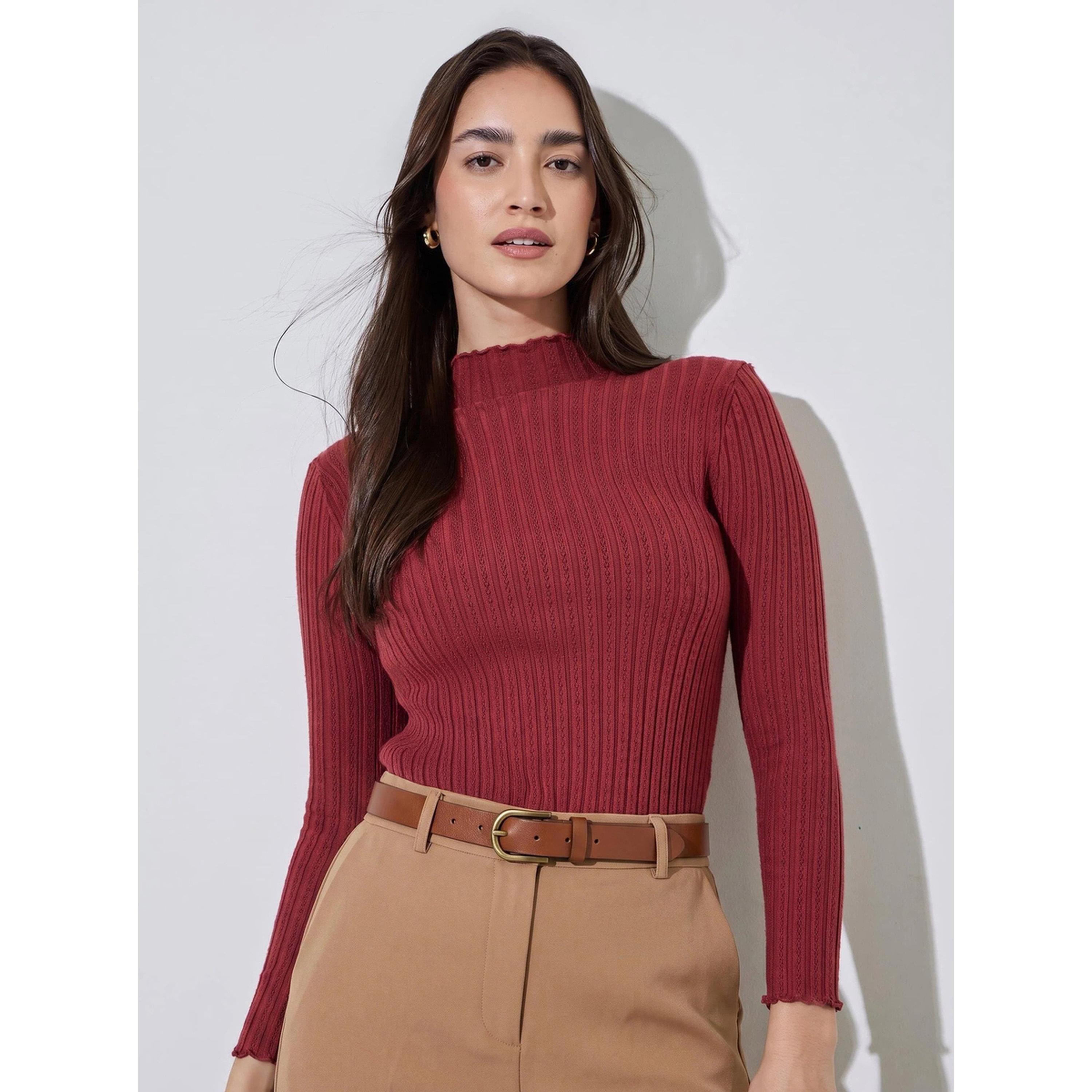 سويتر مضلع بياقة مرتفعة بلون سادة-women-winterwear-cardigansandjumpers-jumpers-image-3
