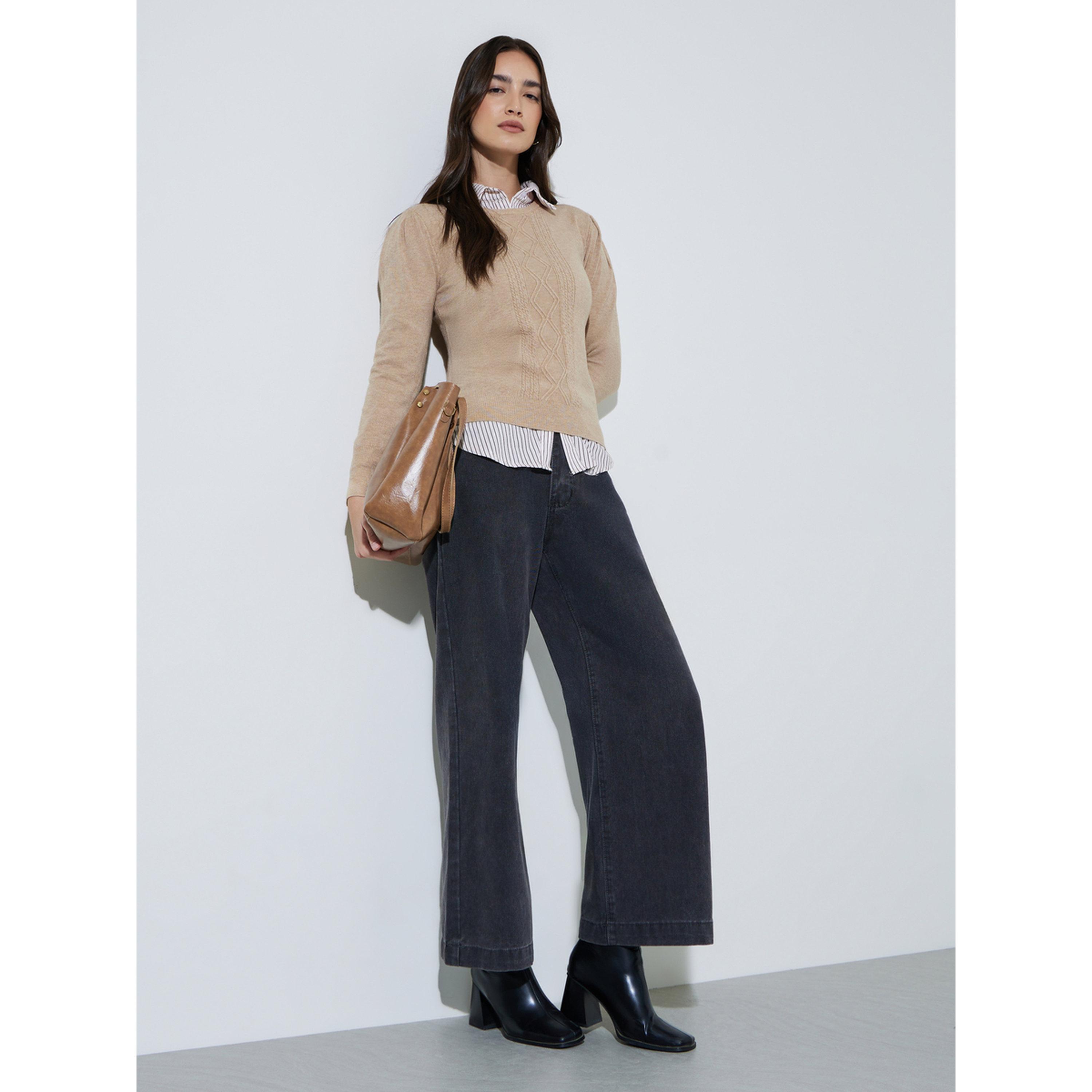 سويتر محبوك كابل جيليه بلون سادة-women-winterwear-cardigansandjumpers-jumpers-image-2