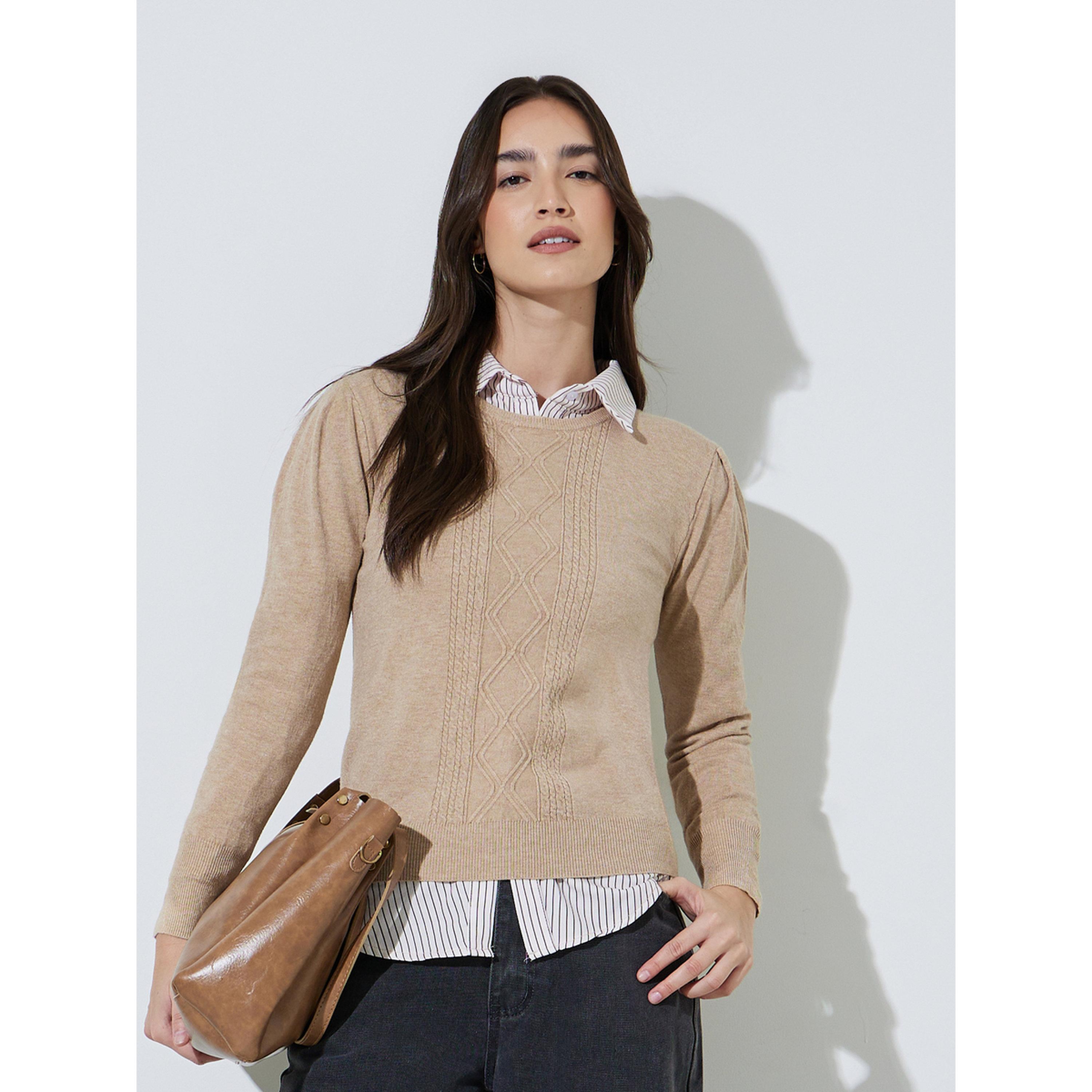 سويتر محبوك كابل جيليه بلون سادة-women-winterwear-cardigansandjumpers-jumpers-image-3
