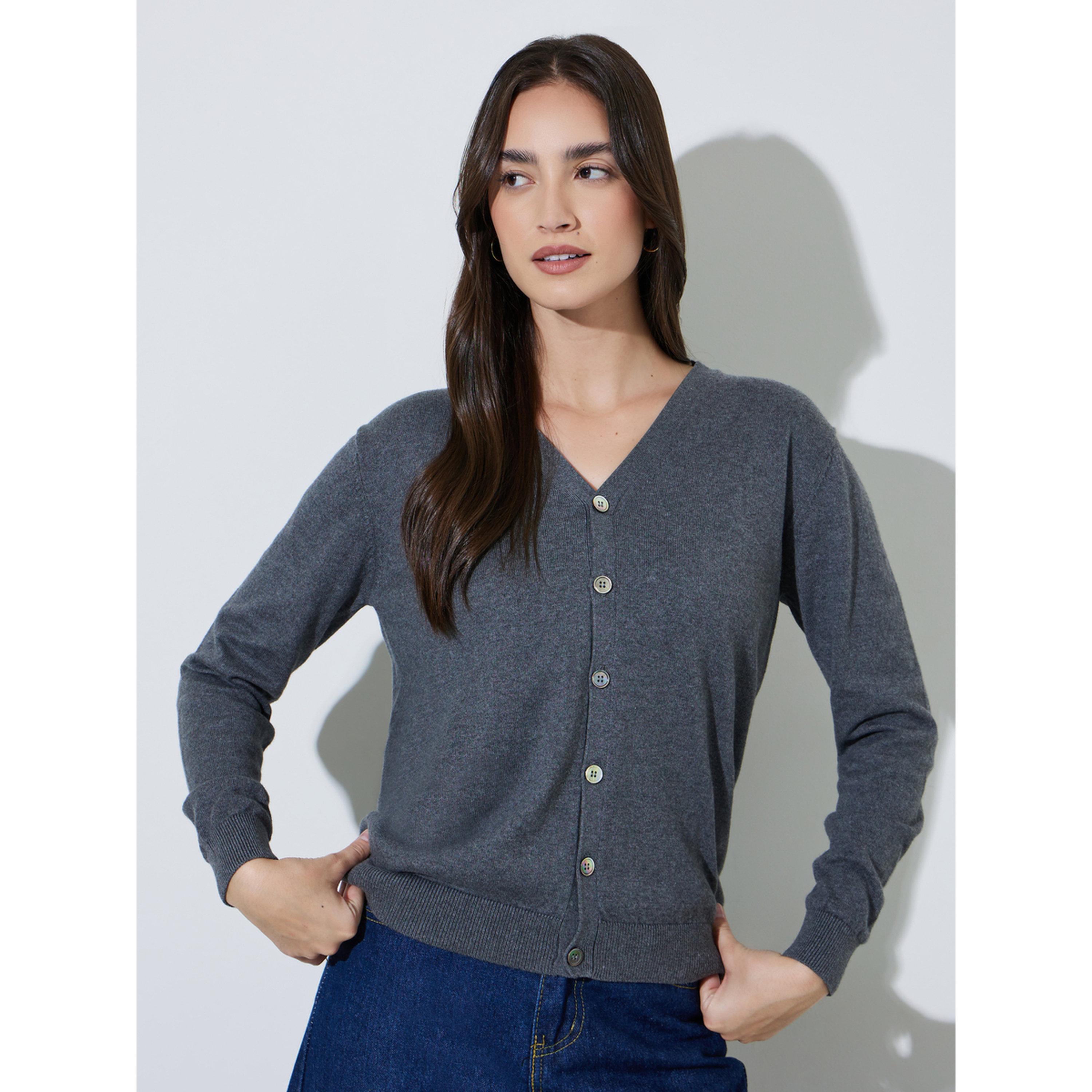 Styli Charcoal Solid Button Down Regular Fit Cardigan-women-winterwear-cardigansandjumpers-cardigans-image-1