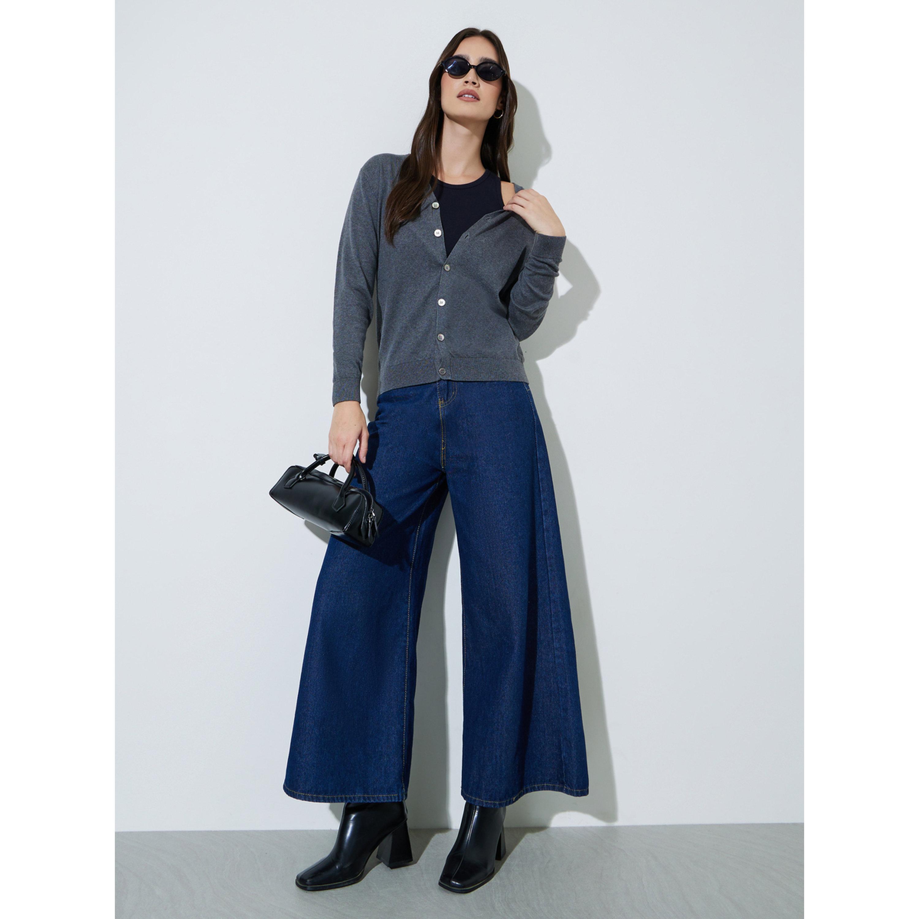 Styli Charcoal Solid Button Down Regular Fit Cardigan-women-winterwear-cardigansandjumpers-cardigans-image-2