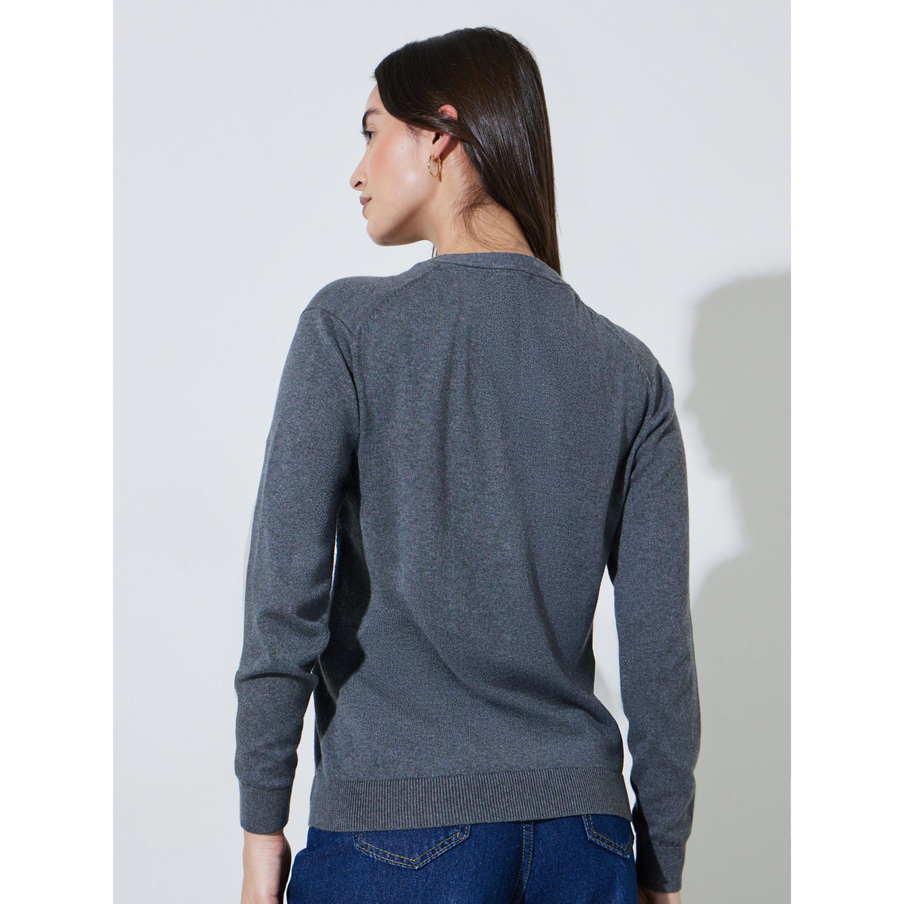 Styli Charcoal Solid Button Down Regular Fit Cardigan-women-winterwear-cardigansandjumpers-cardigans-image-3