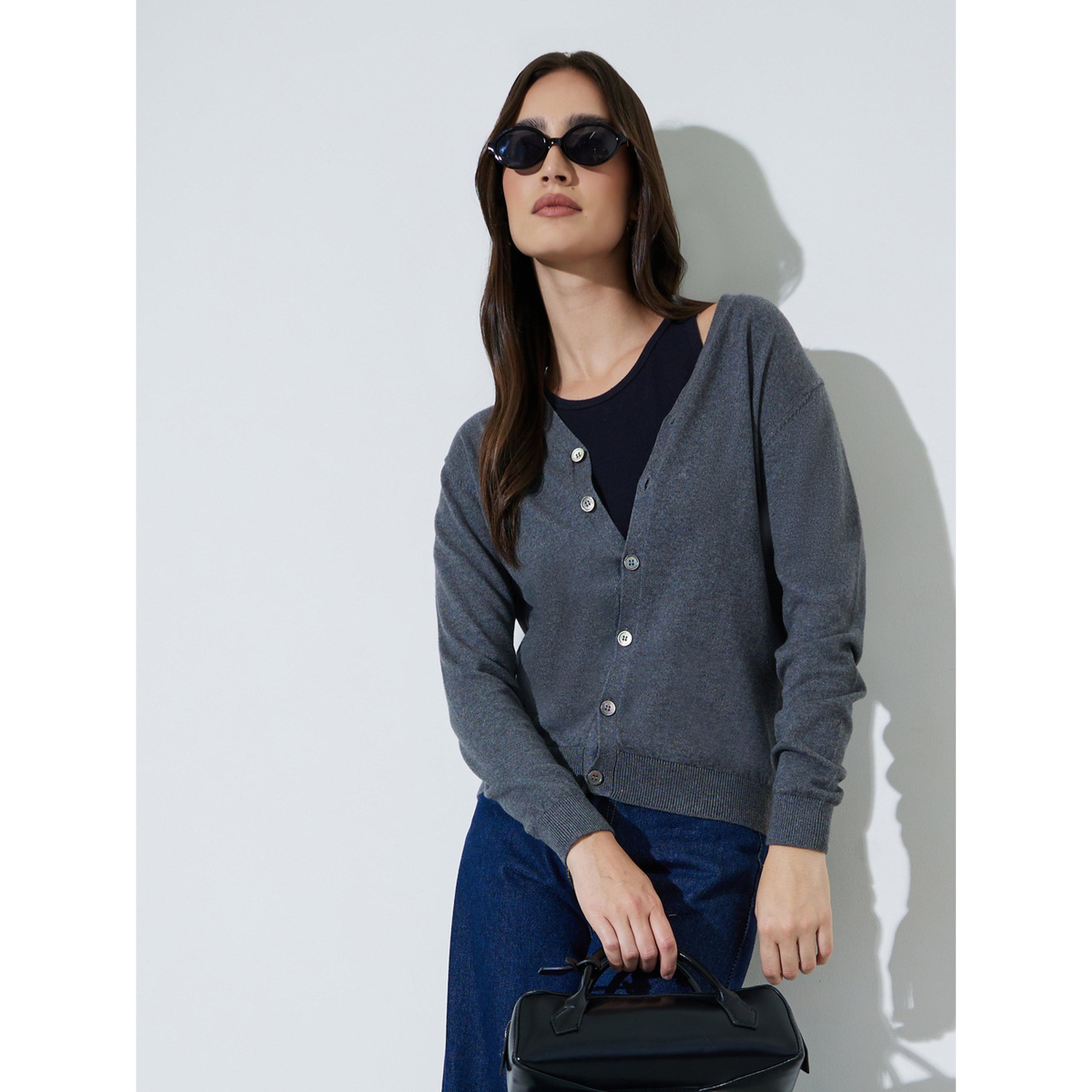 Styli Charcoal Solid Button Down Regular Fit Cardigan-women-winterwear-cardigansandjumpers-cardigans-image-4