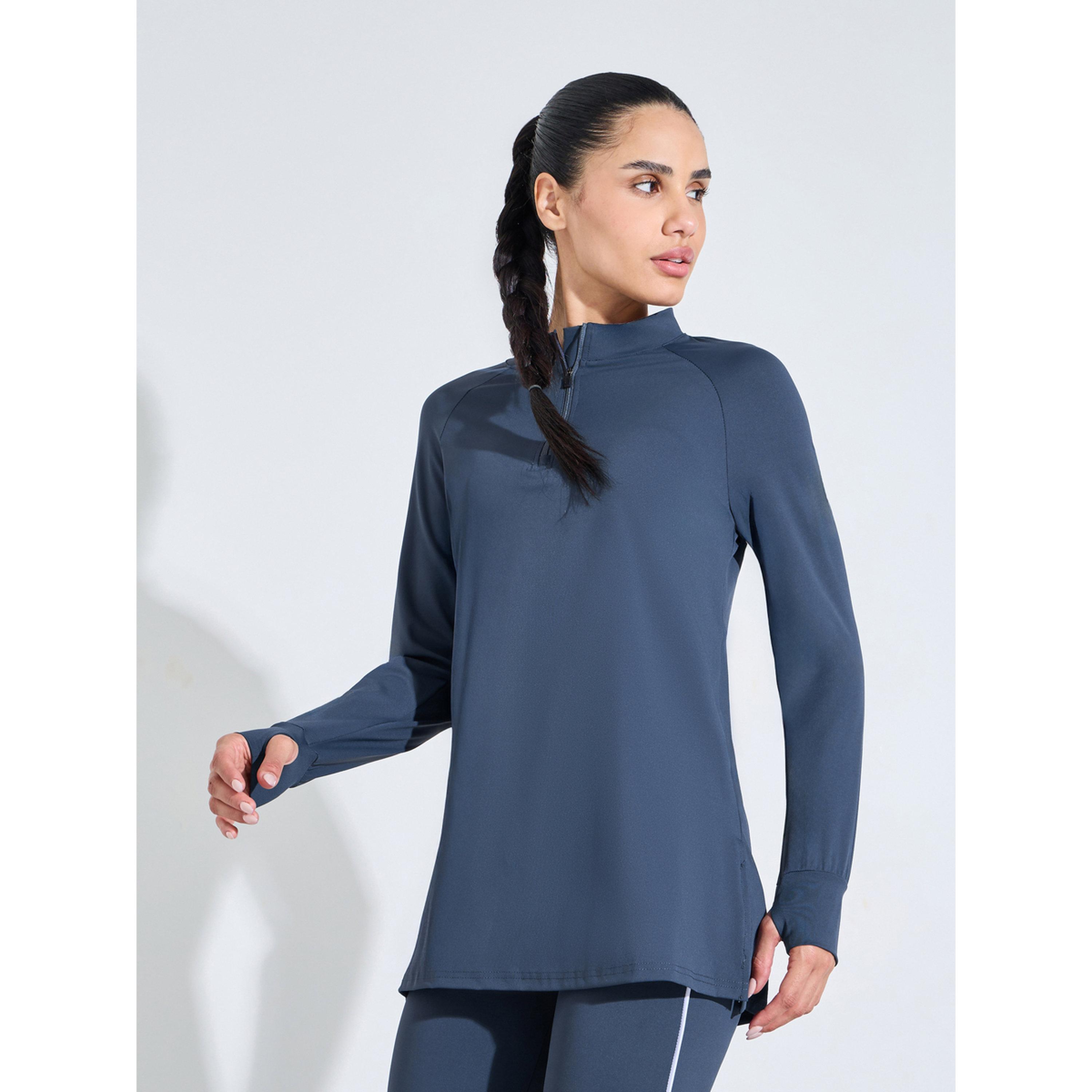 بلوزة رياضية طويلة بسحاب نصفي سادة باللون الكحلي-sports-women-clothing-tshirtsandvests-image-1