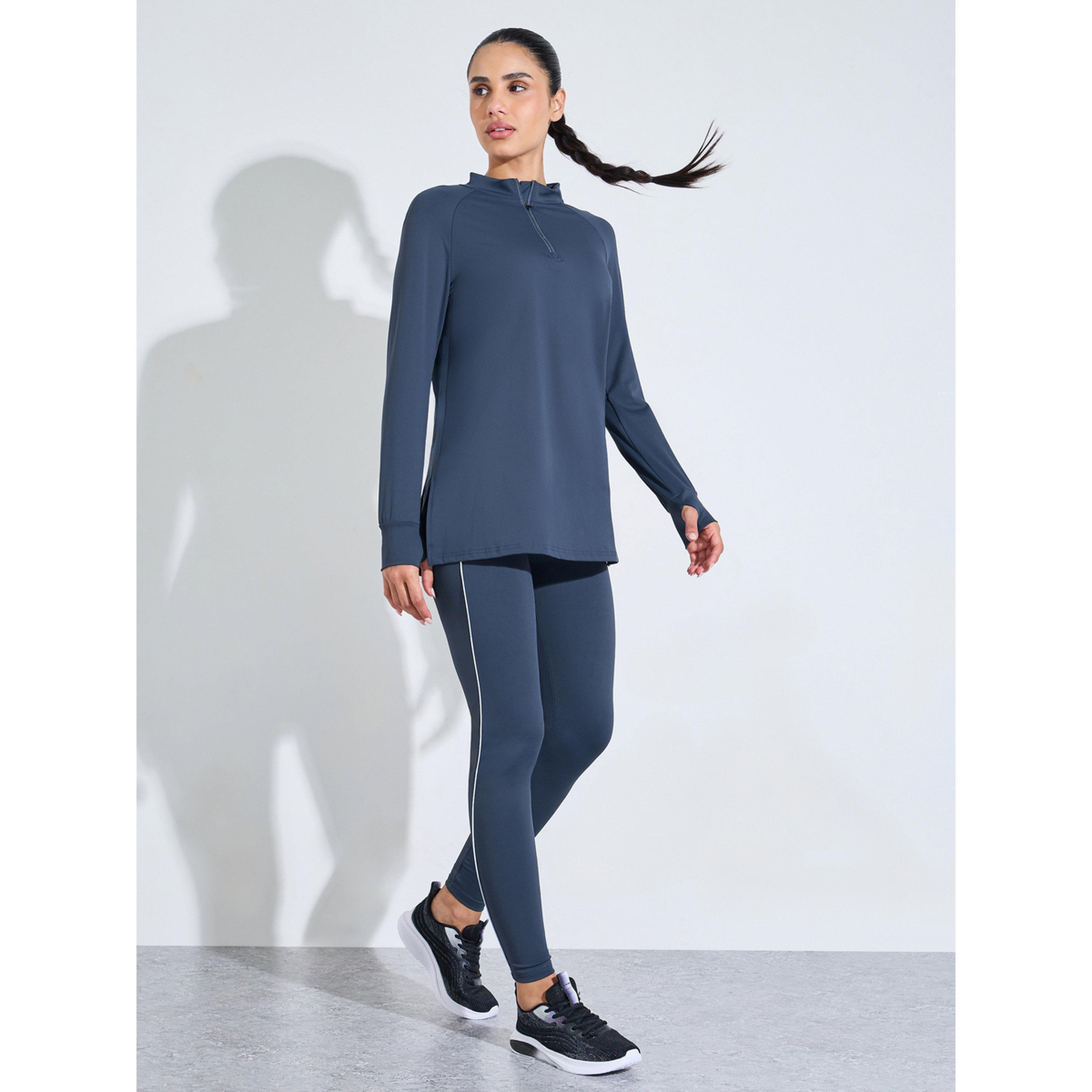 بلوزة رياضية طويلة بسحاب نصفي سادة باللون الكحلي-sports-women-clothing-tshirtsandvests-image-2