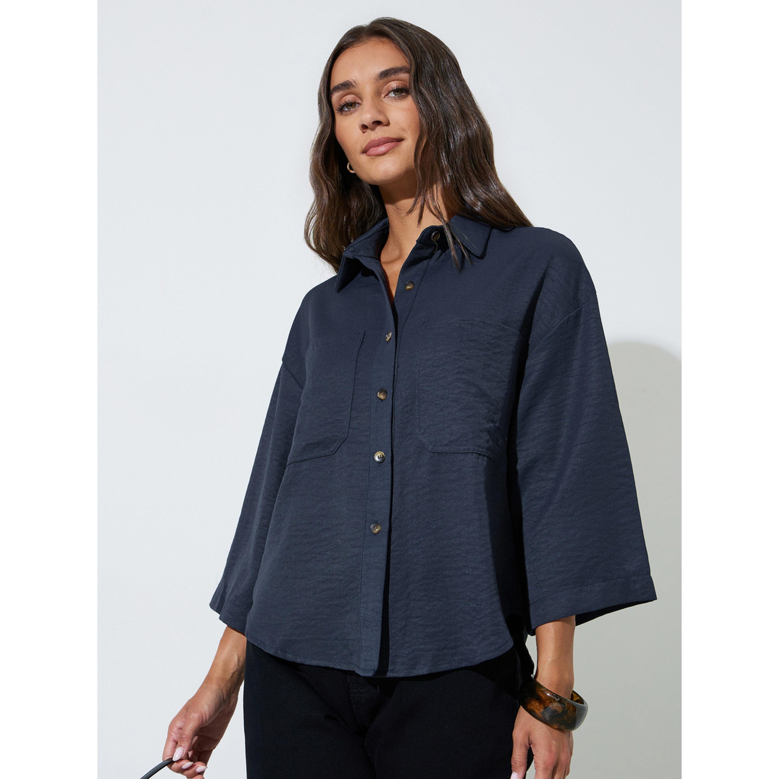 Styli Navy Blue Pocket Detail 3/4 Sleeves Relaxed Fit Shirt-women-clothing-shirtsandblouses-shirts-image-1