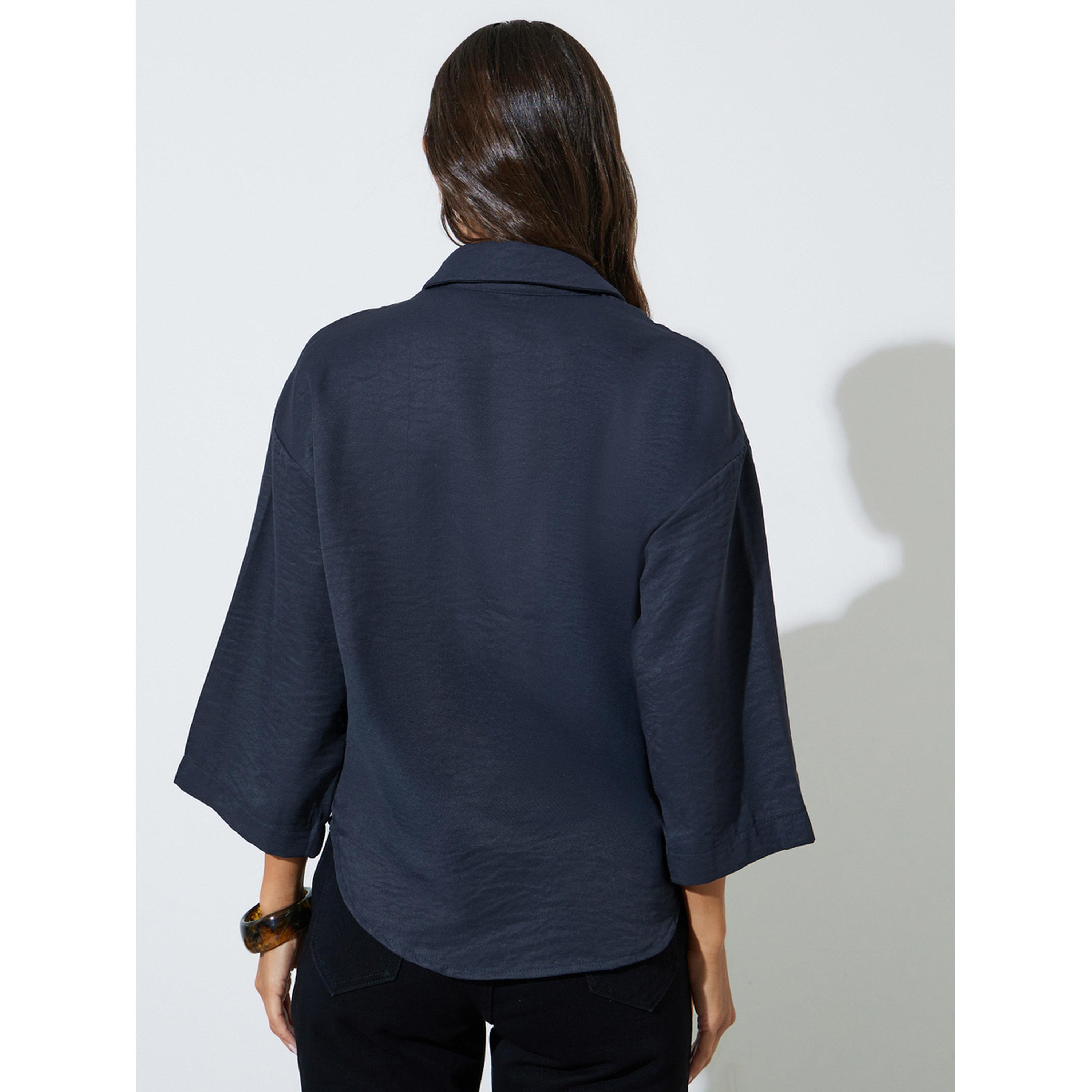 Styli Navy Blue Pocket Detail 3/4 Sleeves Relaxed Fit Shirt-women-clothing-shirtsandblouses-shirts-image-3