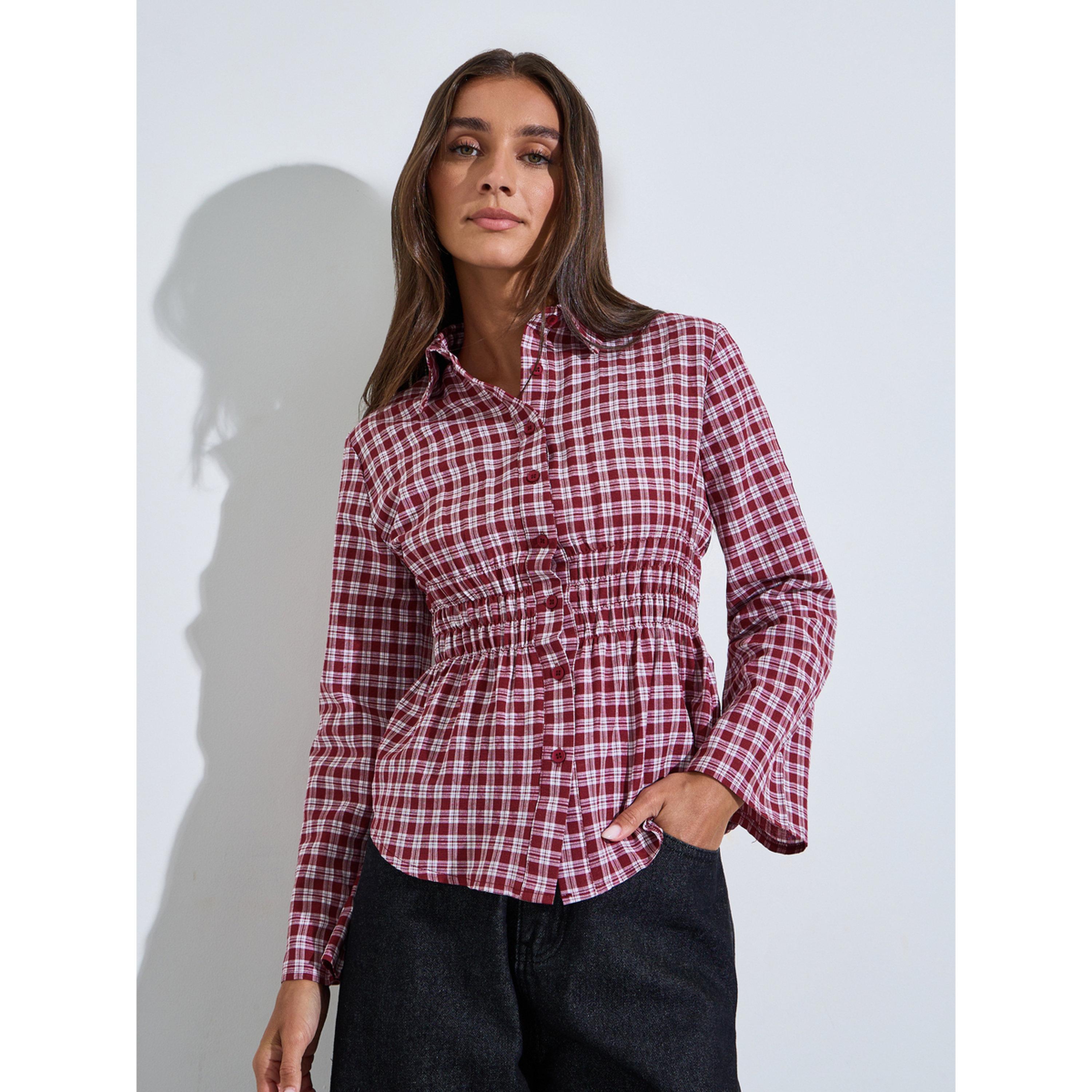 بلوزة بطبعة مربعات وخصر مزموم مع أكمام طويلة-women-clothing-shirtsandblouses-shirts-image-1