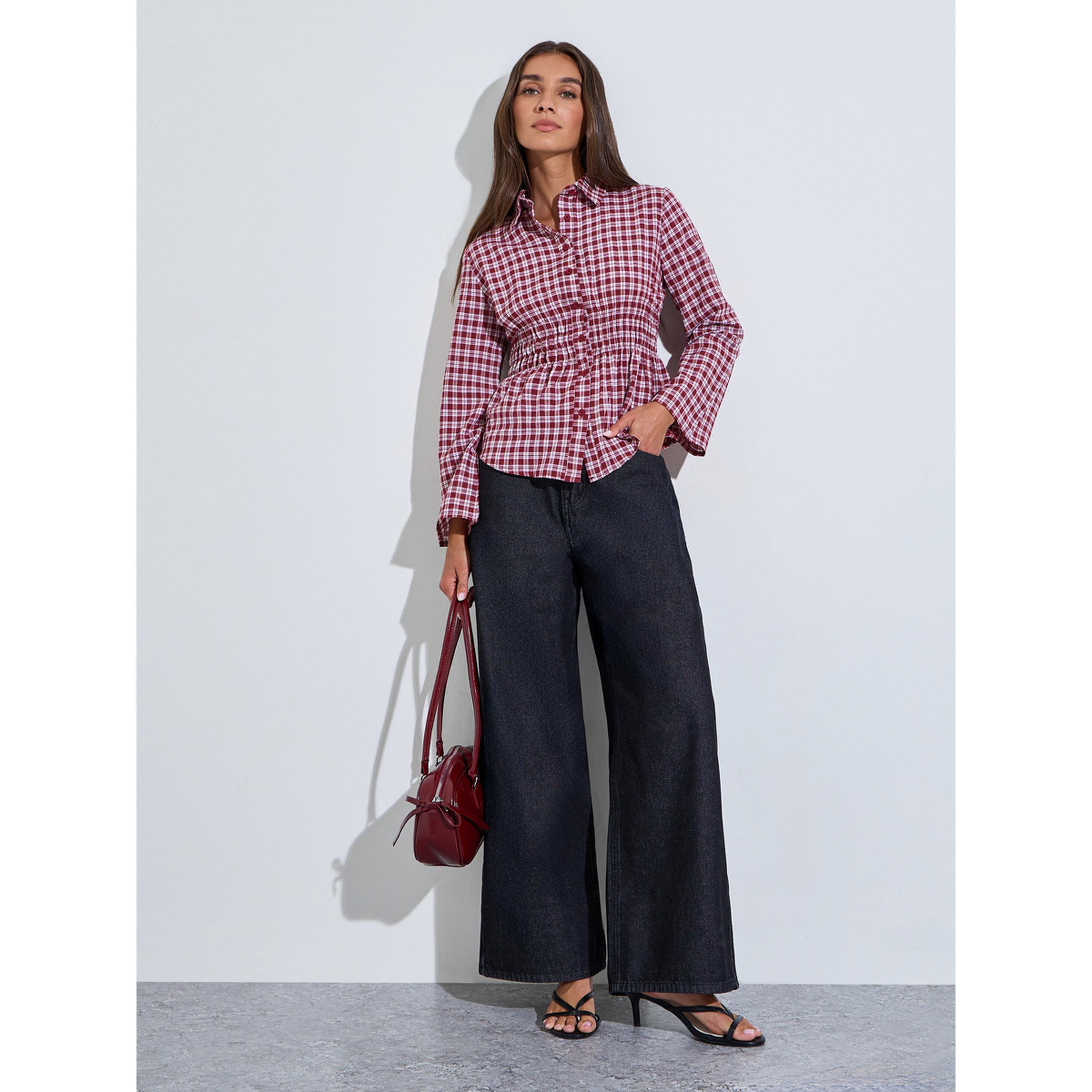 بلوزة بطبعة مربعات وخصر مزموم مع أكمام طويلة-women-clothing-shirtsandblouses-shirts-image-2