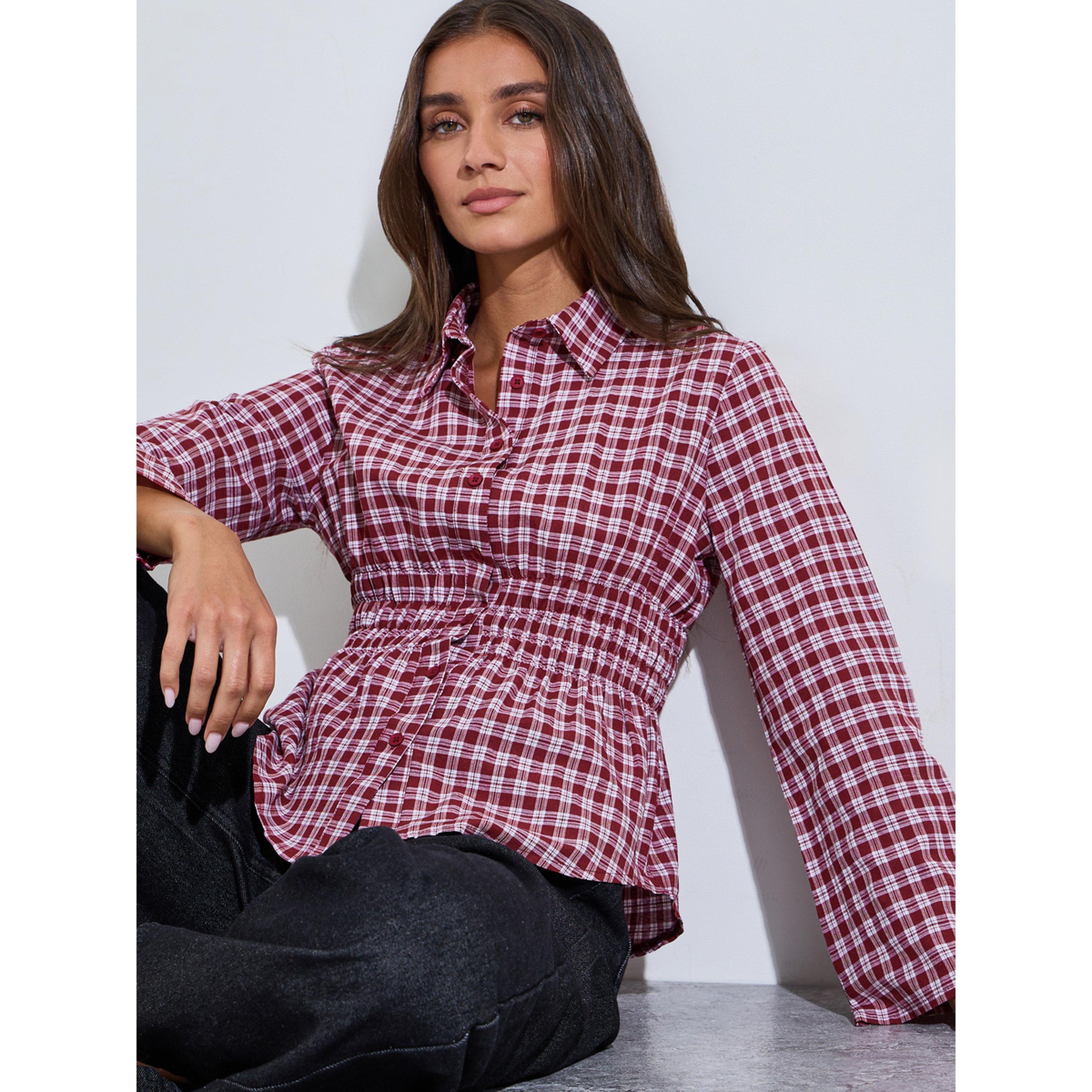 Styli Maroon Checked Waist Long Sleeves Shirred Shirt-women-clothing-shirtsandblouses-shirts-image-3