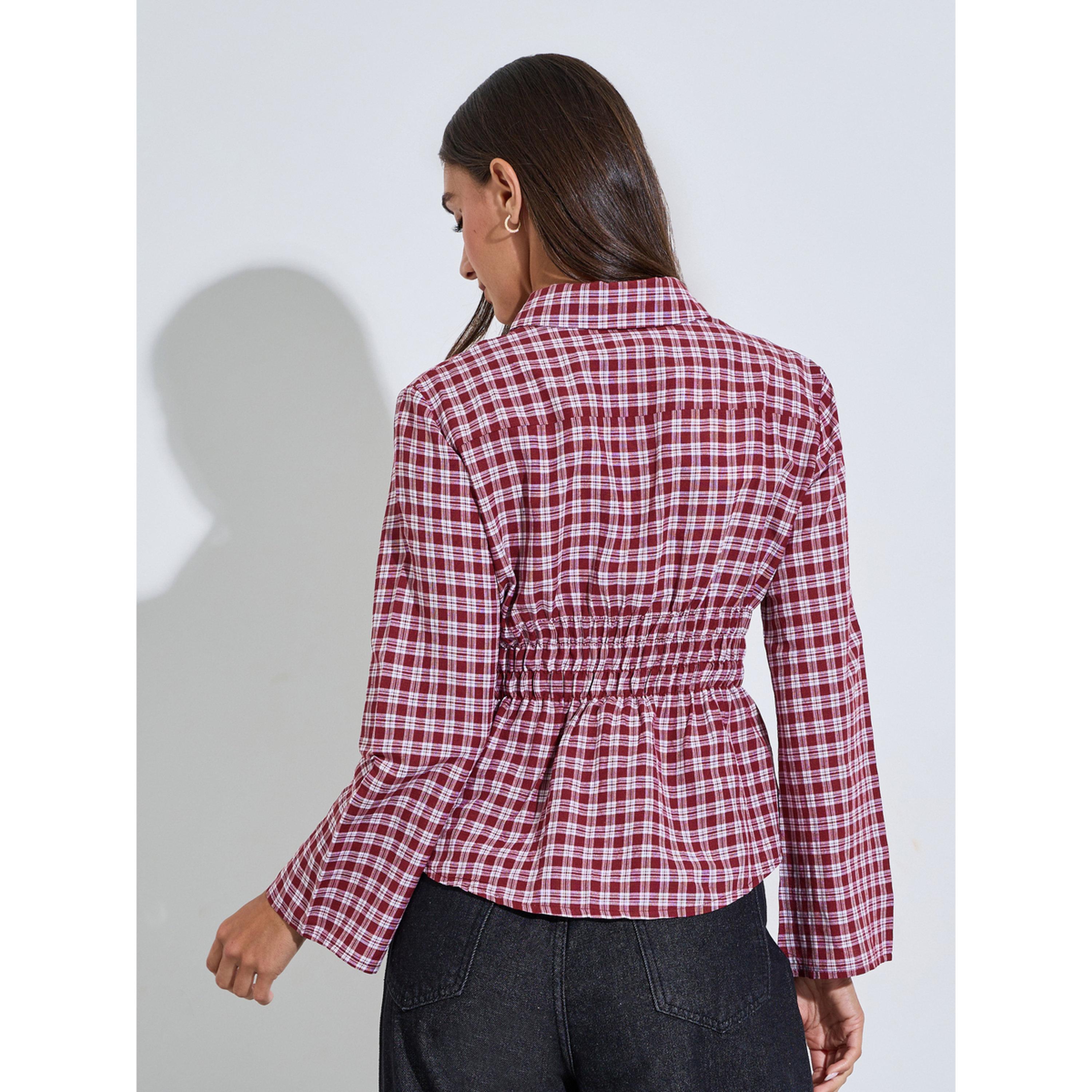 بلوزة بطبعة مربعات وخصر مزموم مع أكمام طويلة-women-clothing-shirtsandblouses-shirts-image-4