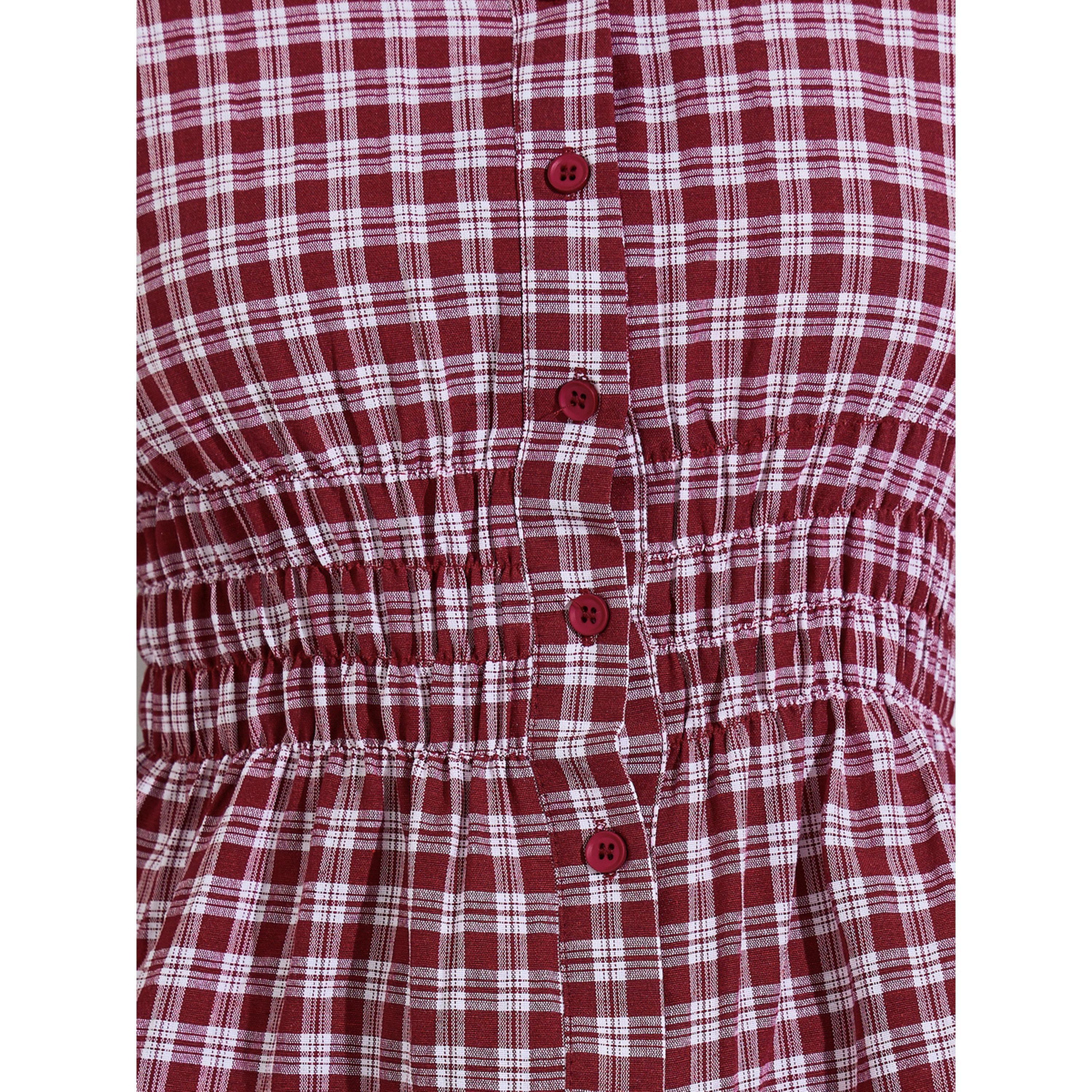Styli Maroon Checked Waist Long Sleeves Shirred Shirt-women-clothing-shirtsandblouses-shirts-image-5