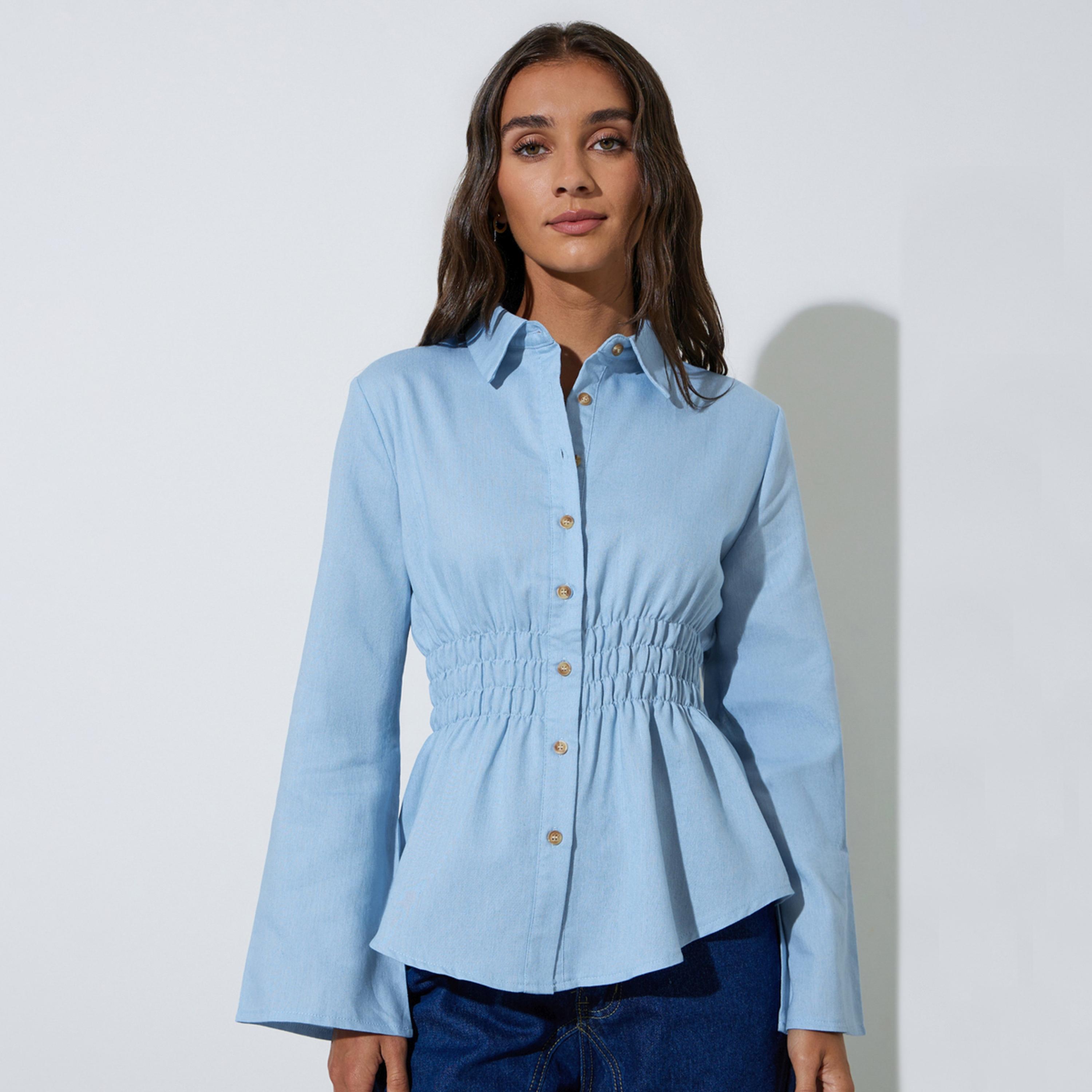 بلوزة دنيم بخصر مزموم وأكمام طويلة-women-clothing-shirtsandblouses-shirts-image-1