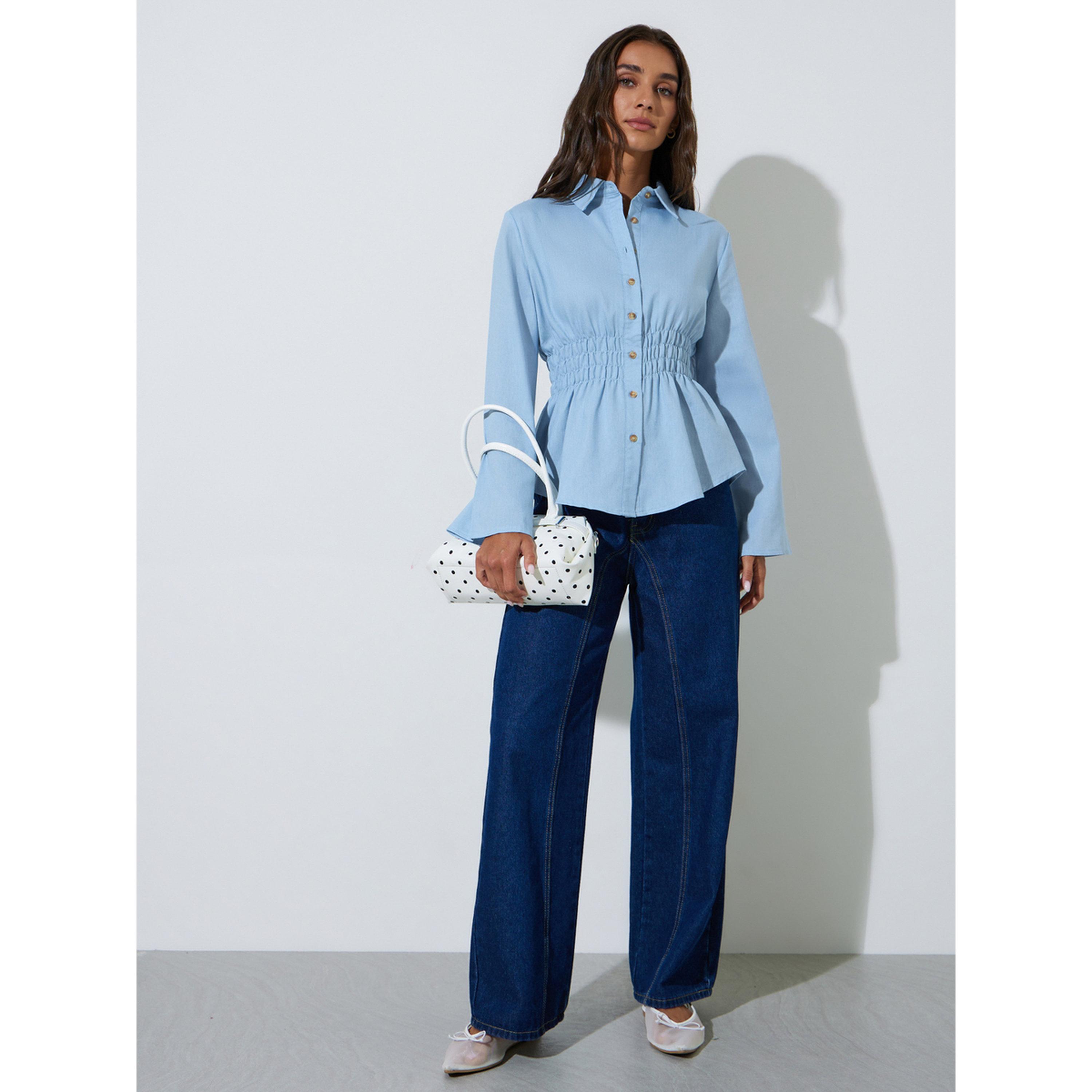 بلوزة دنيم بخصر مزموم وأكمام طويلة-women-clothing-shirtsandblouses-shirts-image-2