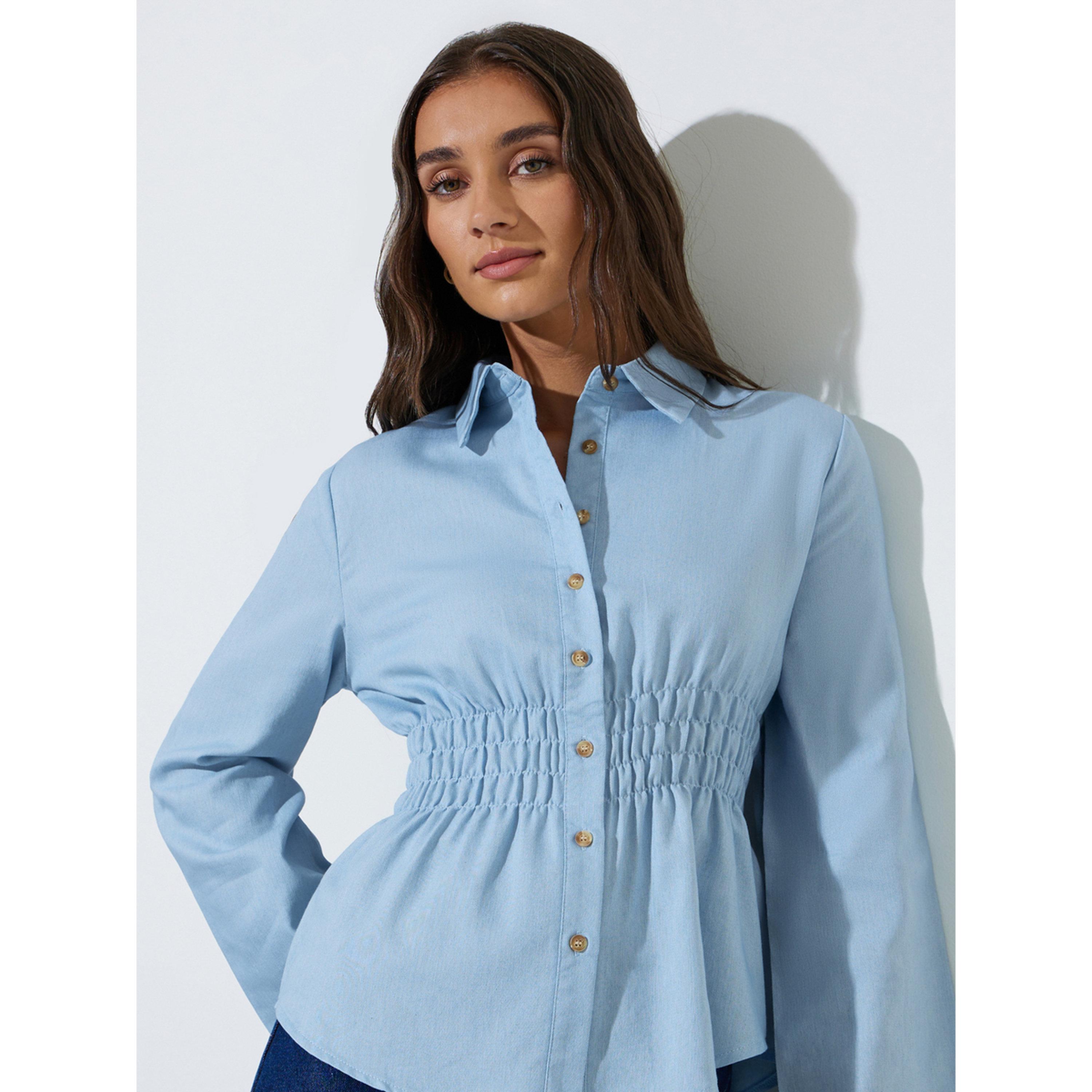 بلوزة دنيم بخصر مزموم وأكمام طويلة-women-clothing-shirtsandblouses-shirts-image-3