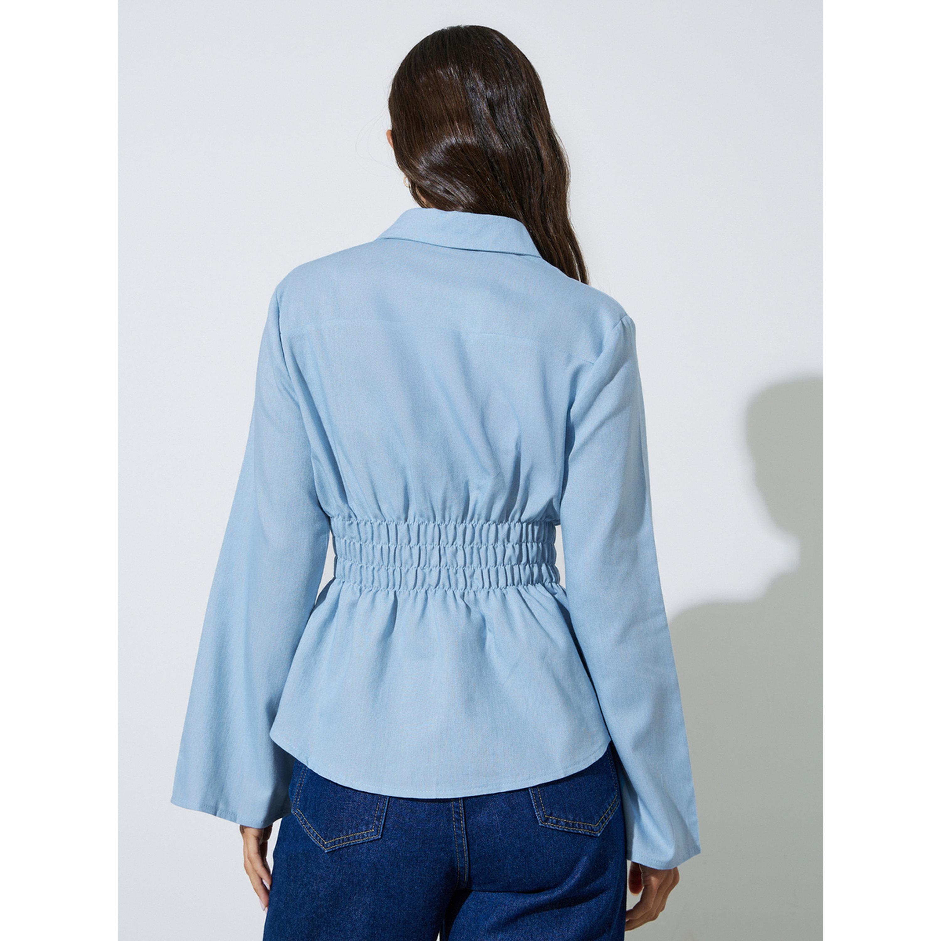 بلوزة دنيم بخصر مزموم وأكمام طويلة-women-clothing-shirtsandblouses-shirts-image-4