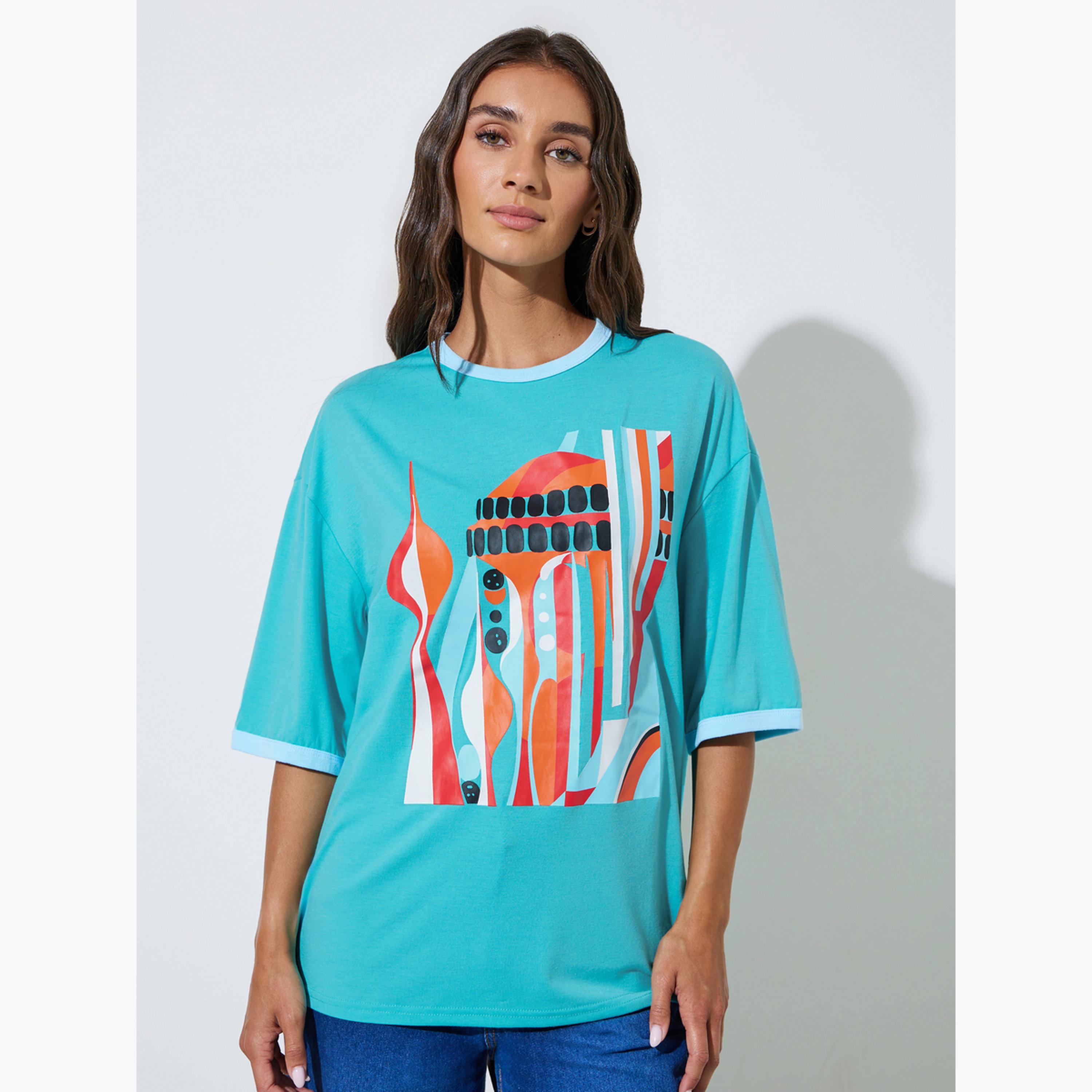 Styli Teal Graphic Print Oversize T-shirt-women-clothing-tshirts-image-1